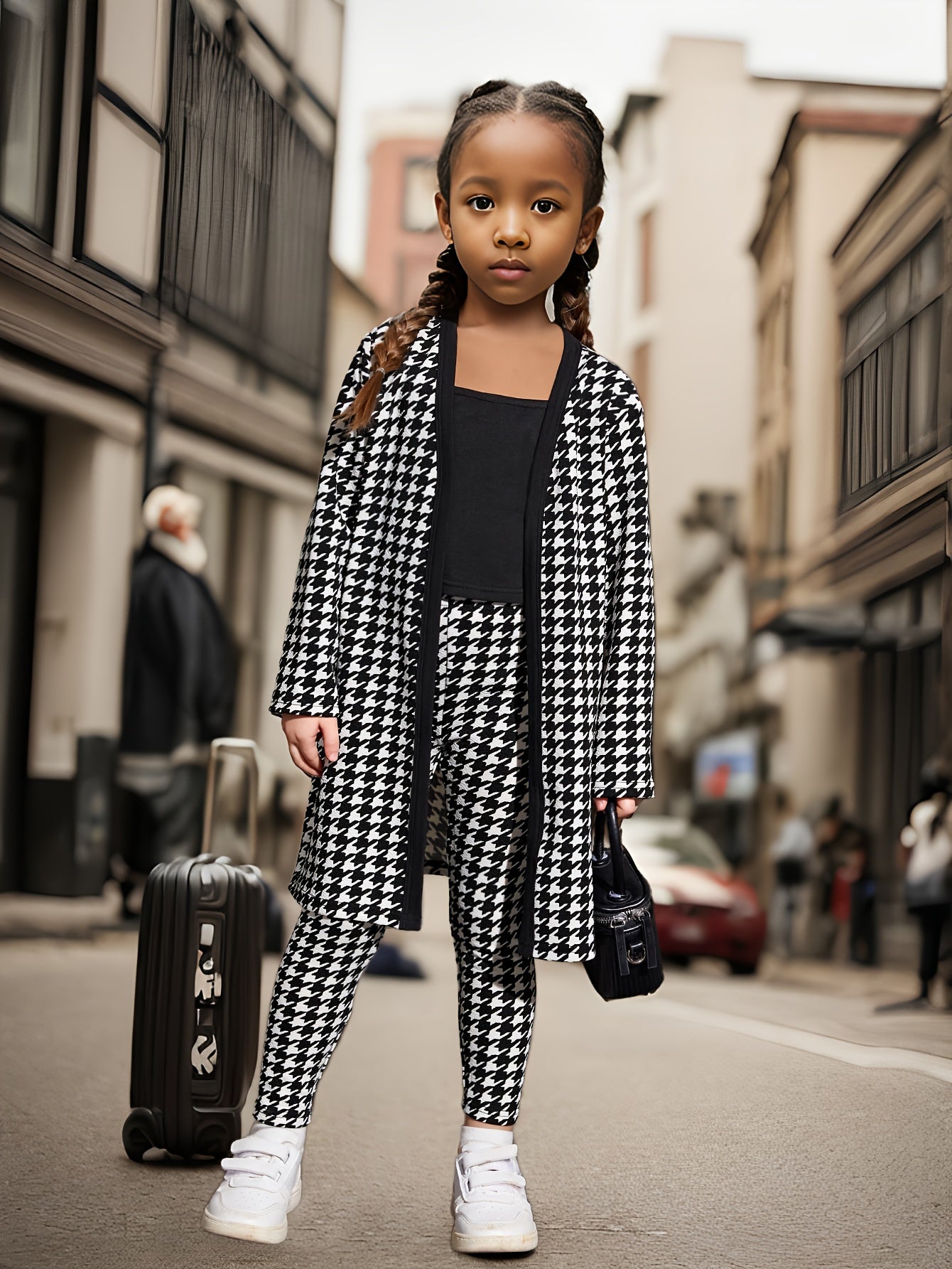 🌟 3-Piece Trendy Hounds tooth Pattern Set for Girls: Long Cardigan + Solid Tank Top + Slim Leggings 👧