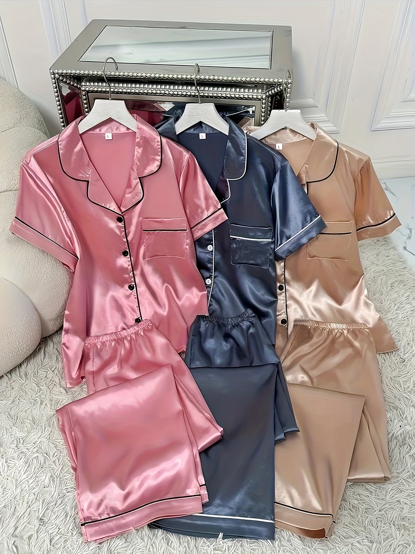 3 Sets Women's Solid Satin Casual Pajama Set ✨