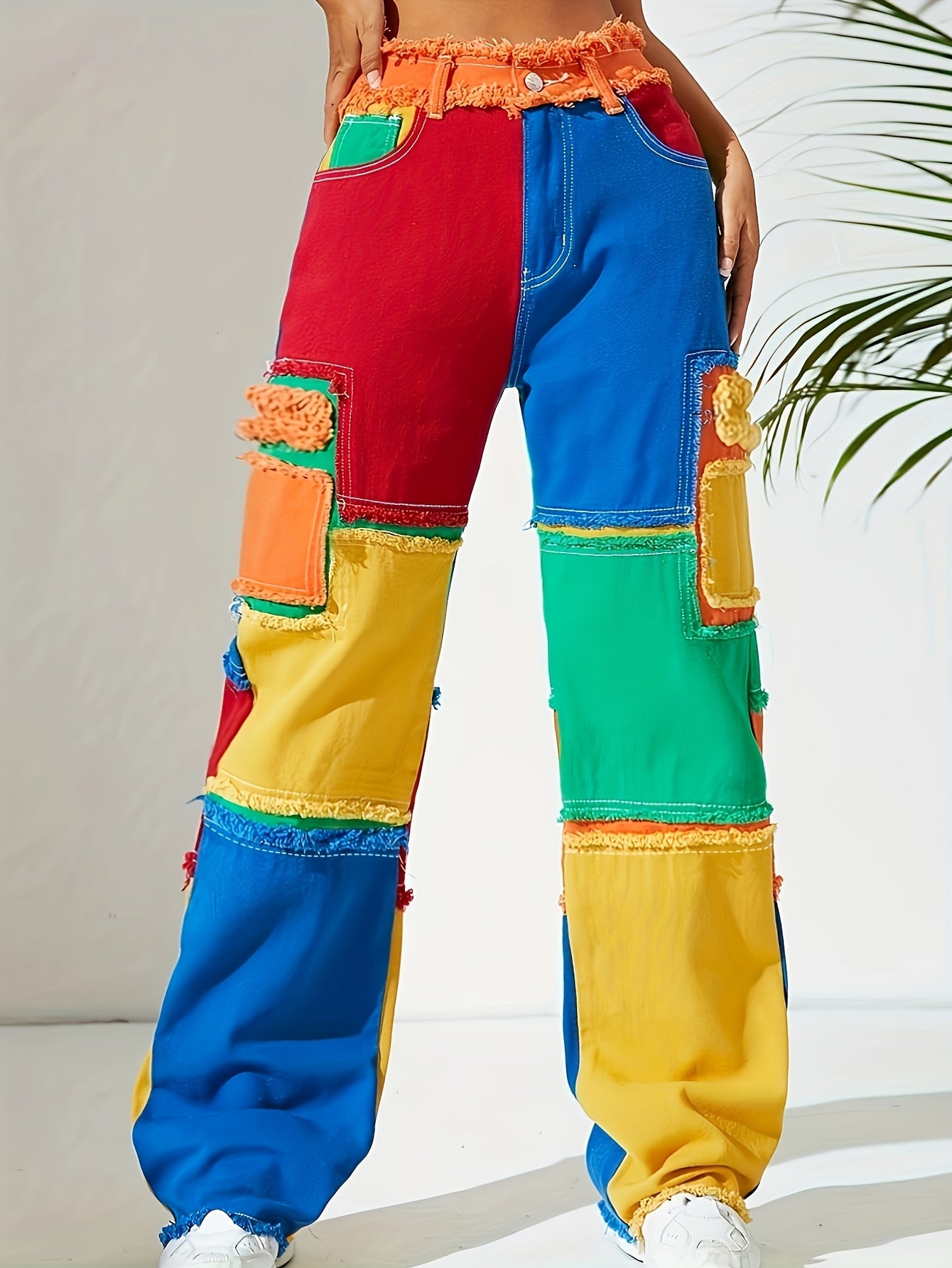 Color Block Raw Trim Straight Jeans