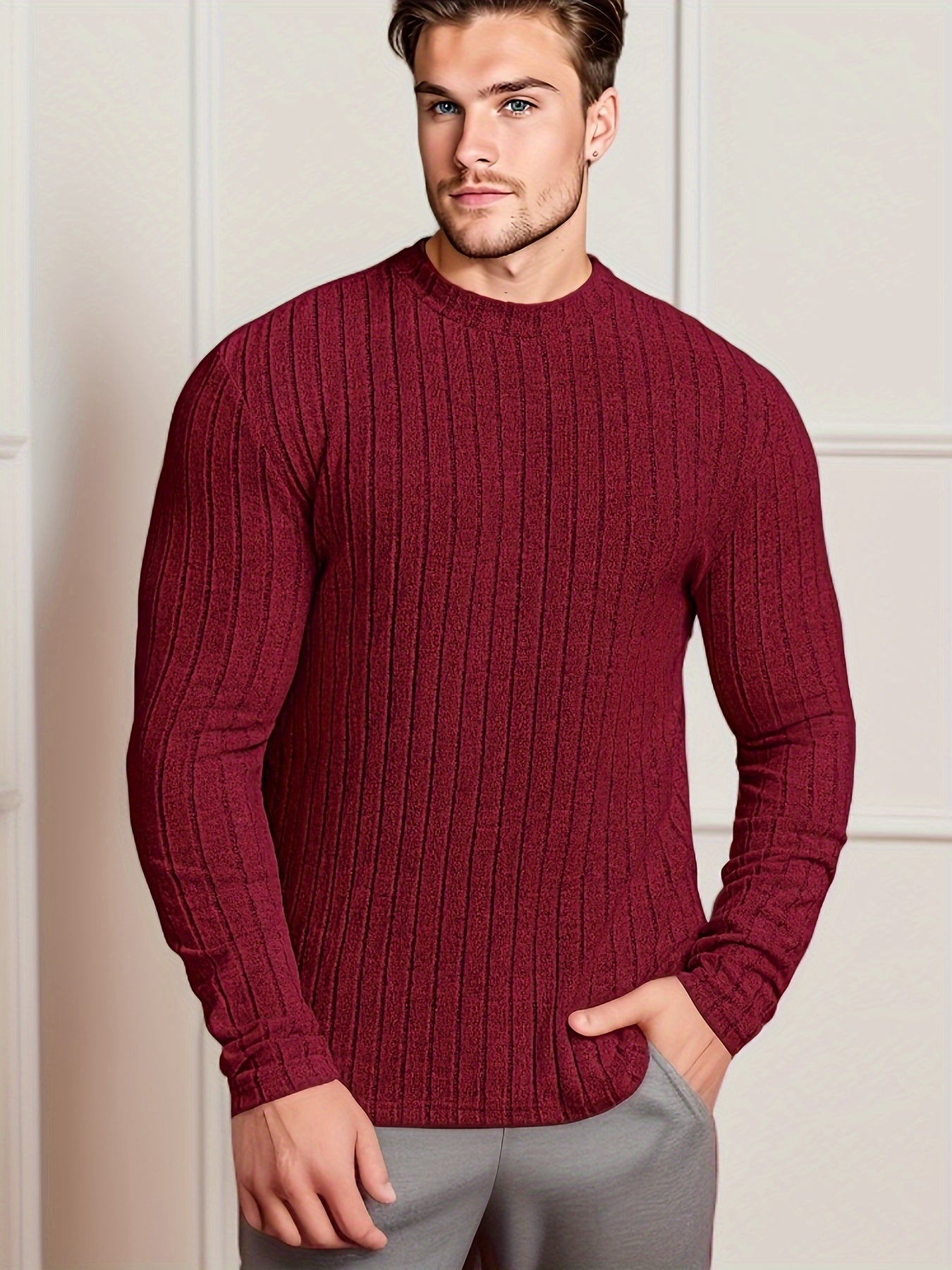 👕 Men's Solid Ribbed Crew Neck Long Sleeve Active T-Shirt 🌿