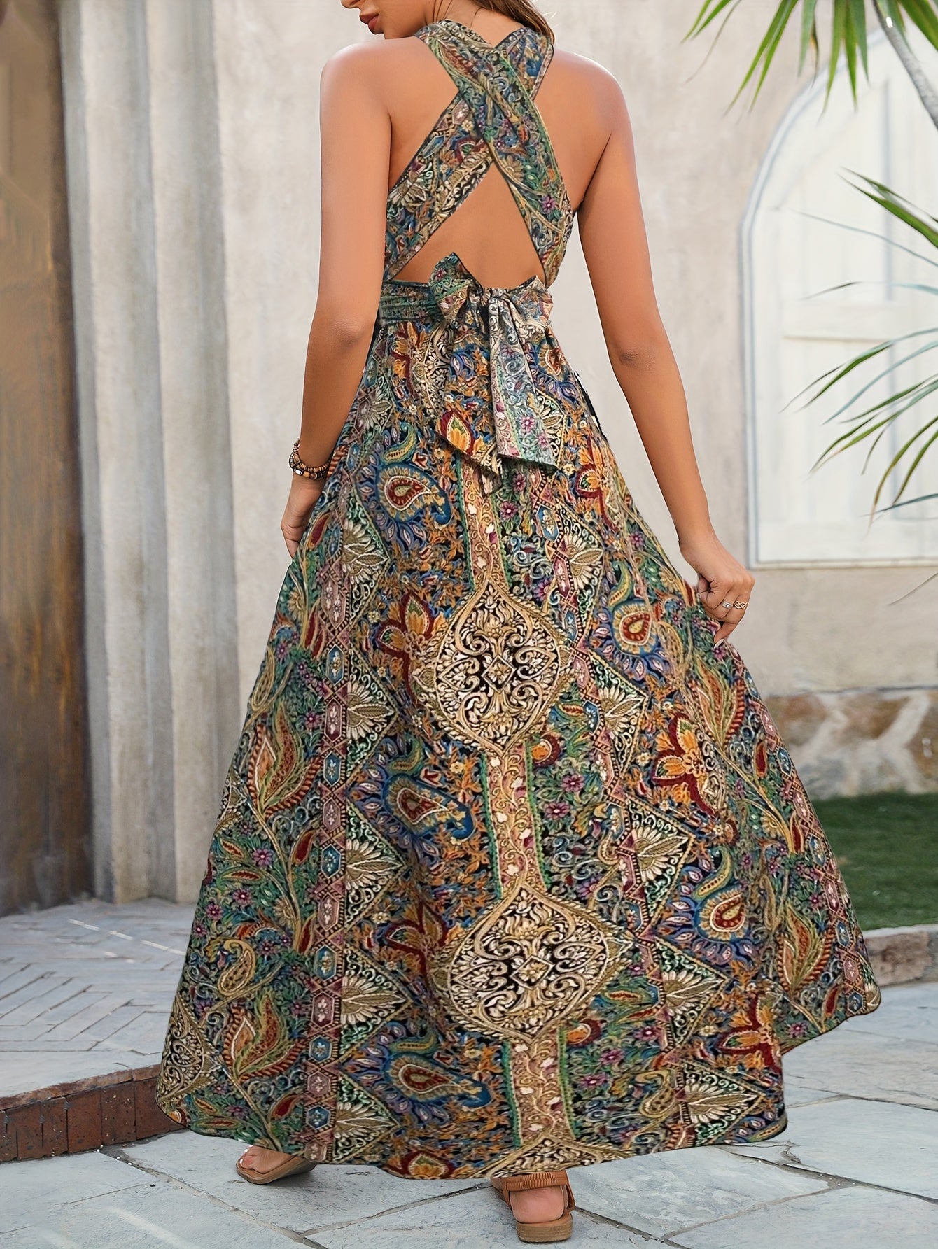 Paisley Print Crisscross Backless Halter Dress