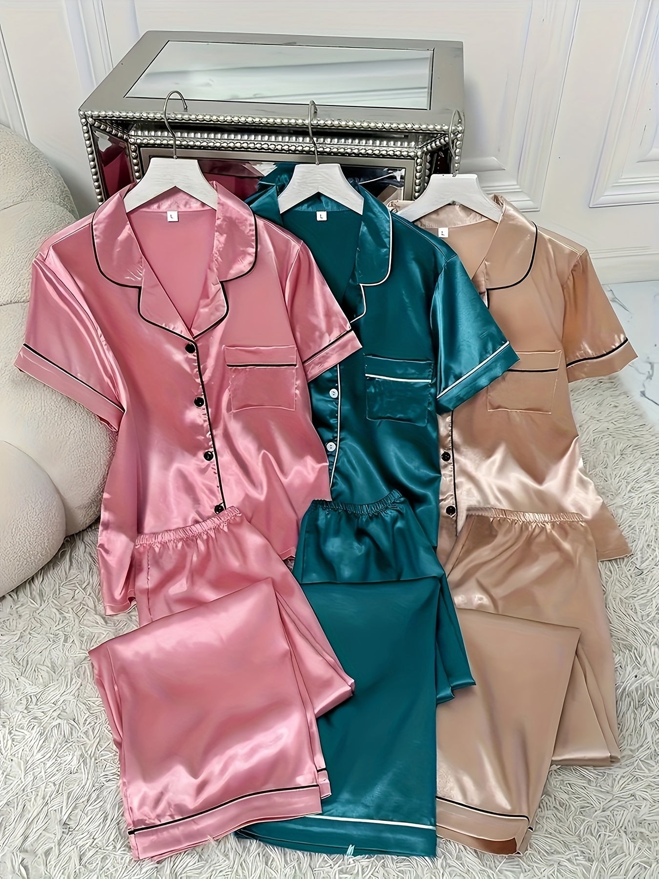 3 Sets Women's Solid Satin Casual Pajama Set ✨