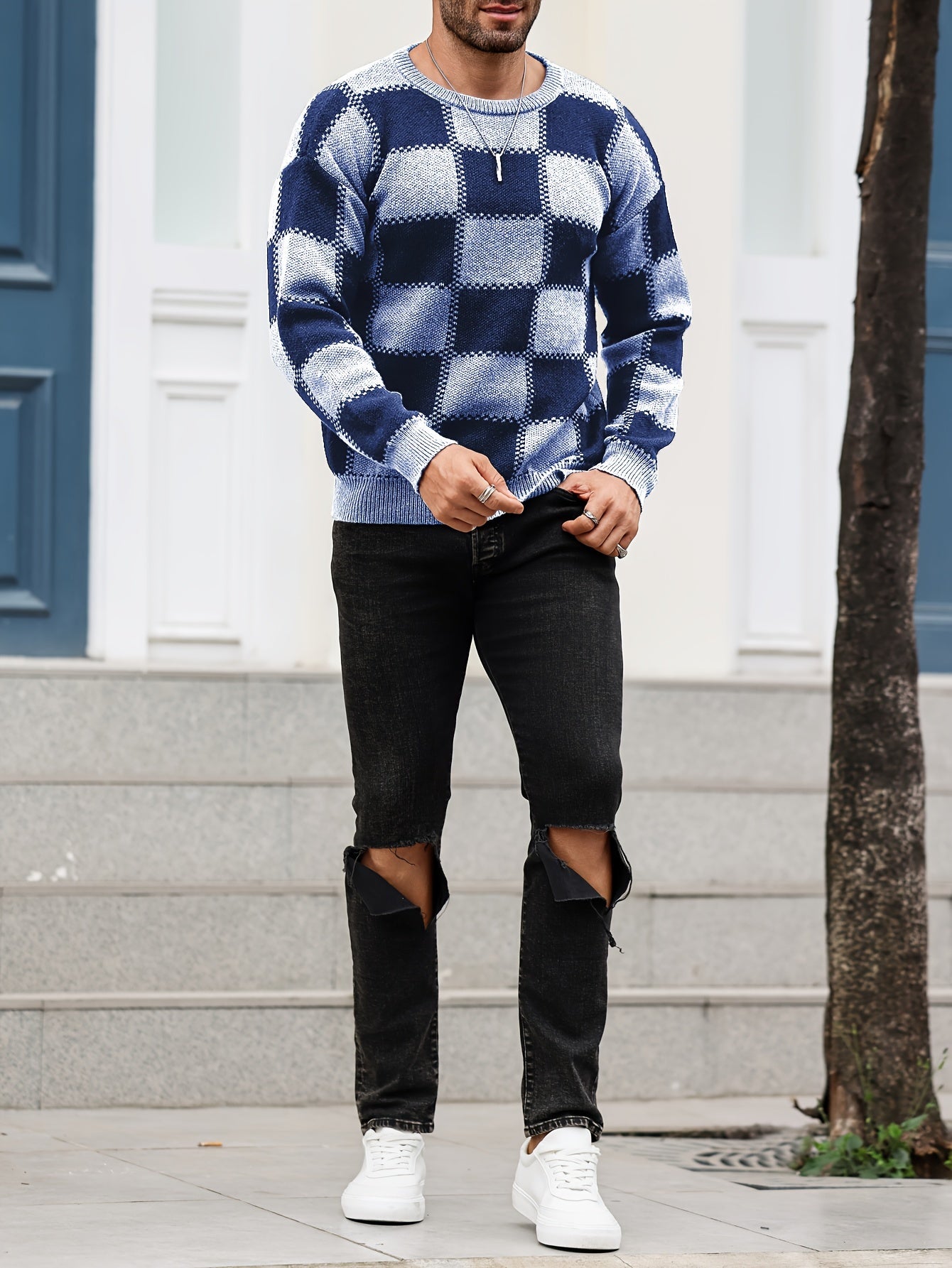 🎉 Men's Color Blocking Textured Checked Print Casual Trendy Sweater 🎉