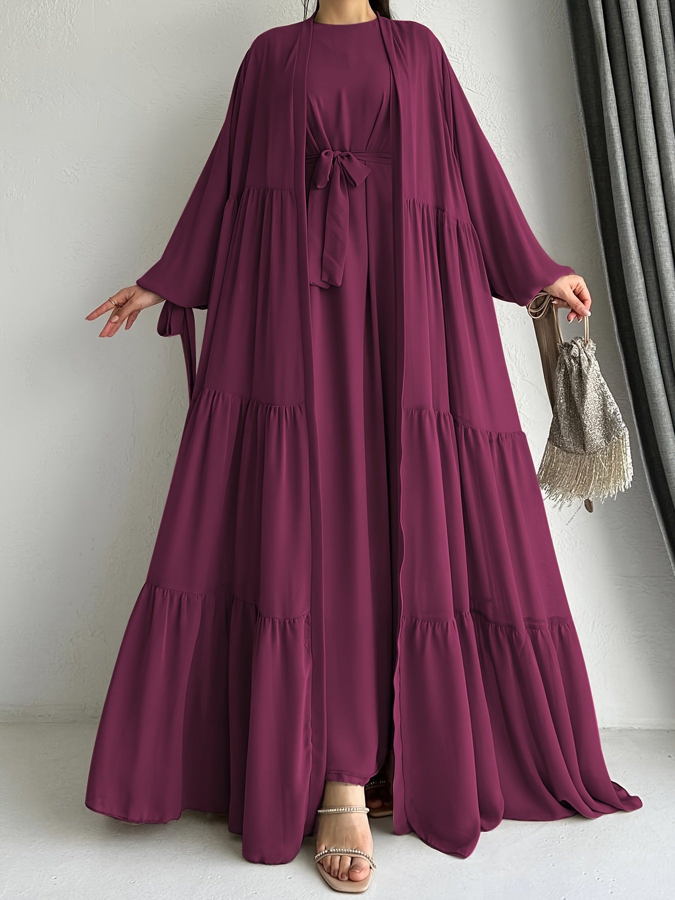 Crew Neck Long Sleeve Abayas Dress - Elegant Ruffle Hem Maxi with Long Sleeve Cardigan