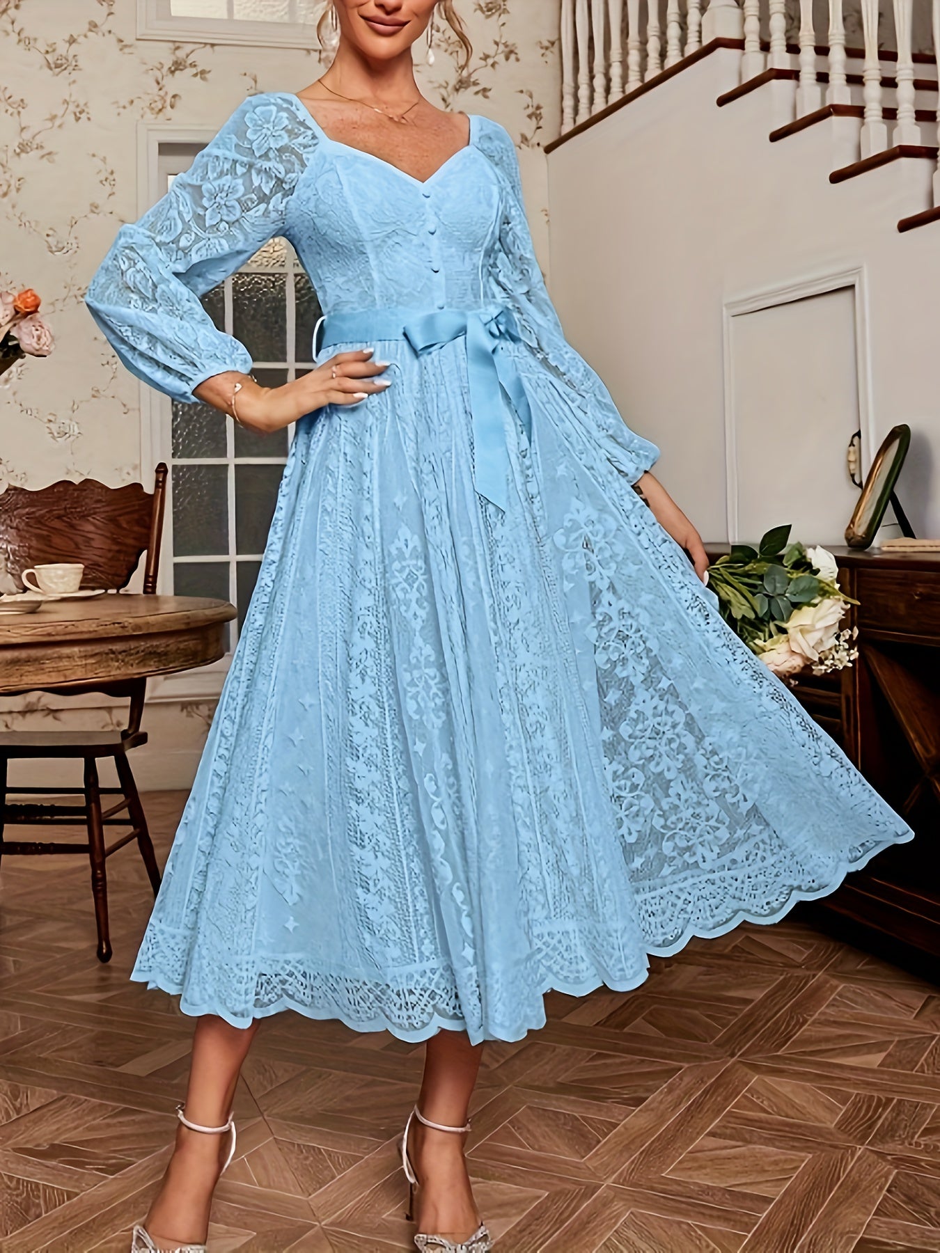 Guipure Lace Belted Sweetheart Dress