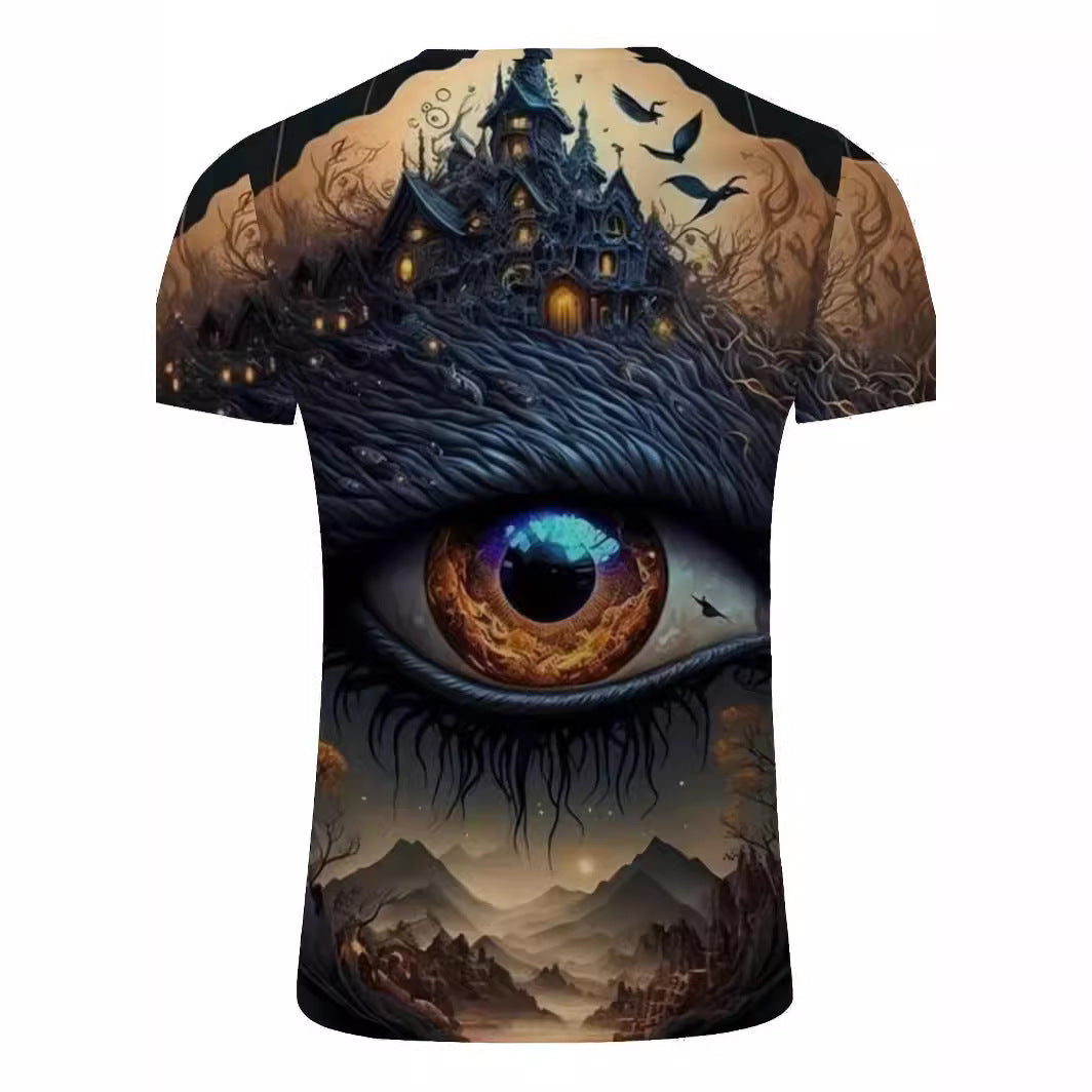 Cross-border Horror Eyes Digital Printed T-shirt Casual Round Neck Short Sleeves Top