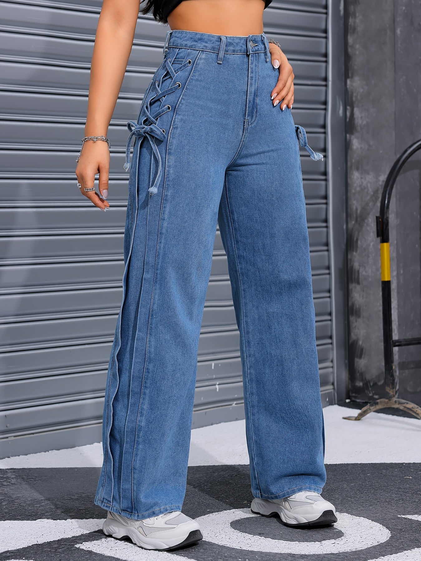 👖 Chic Lace-Up Side Wide Leg Denim Pants