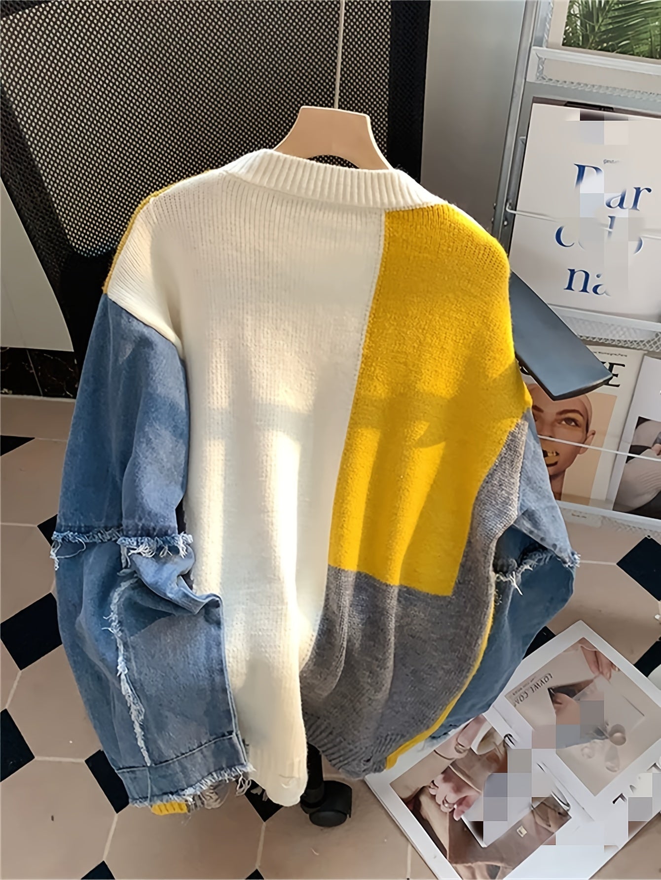 🧵 Elegant Color Block Denim-Inspired Knit Sweater 🧵