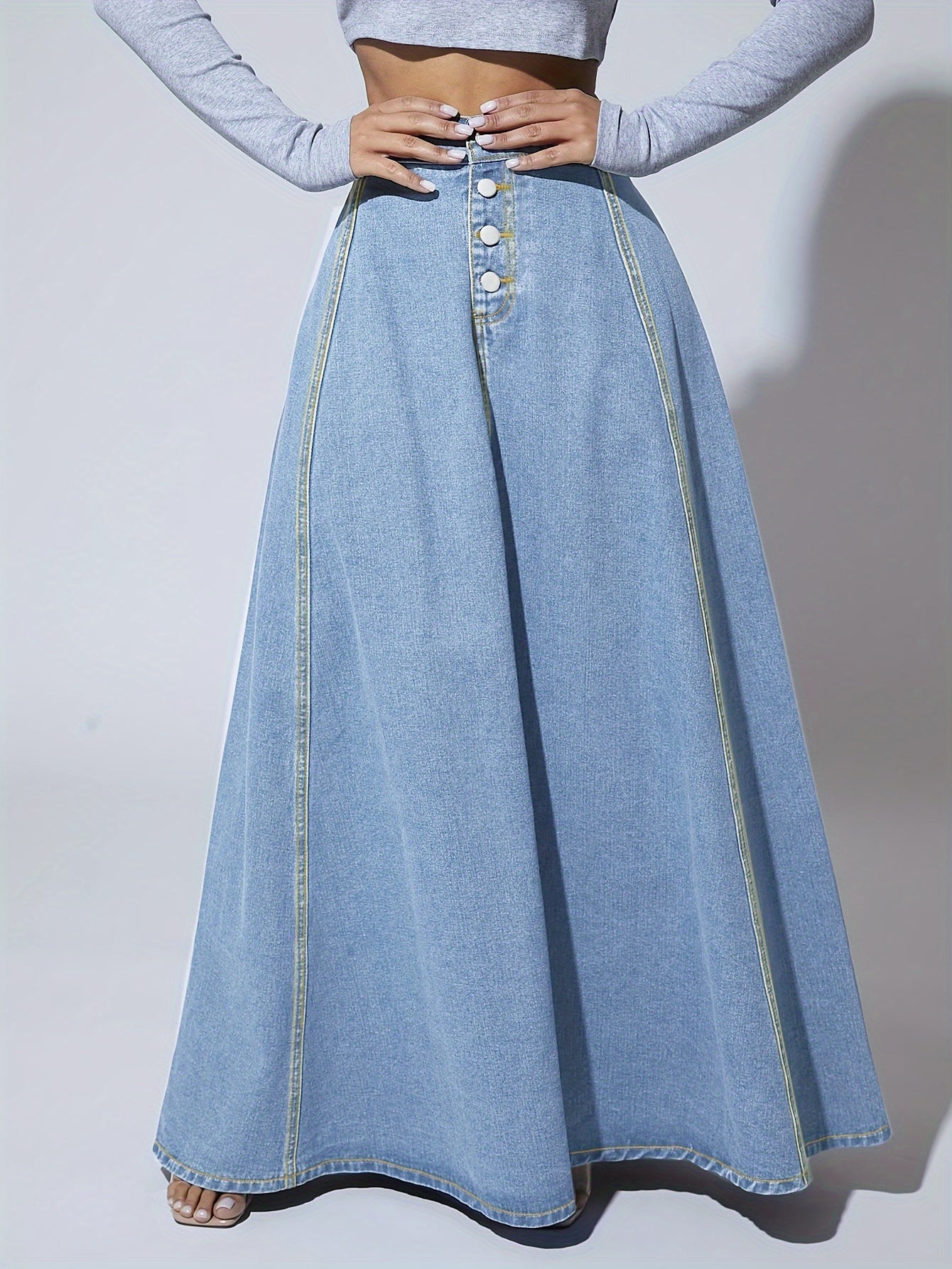 Retro High-Rise Washed Blue Denim Maxi Skirt