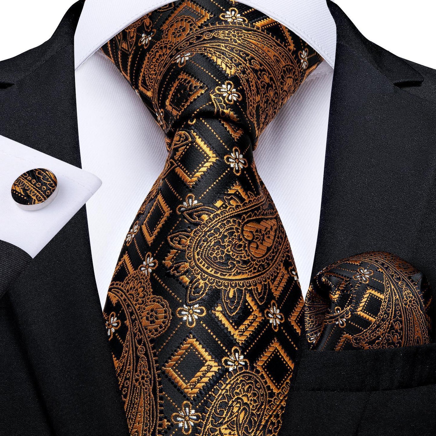 Men's Tie Luxury Black And Gold Striped Silk Woven