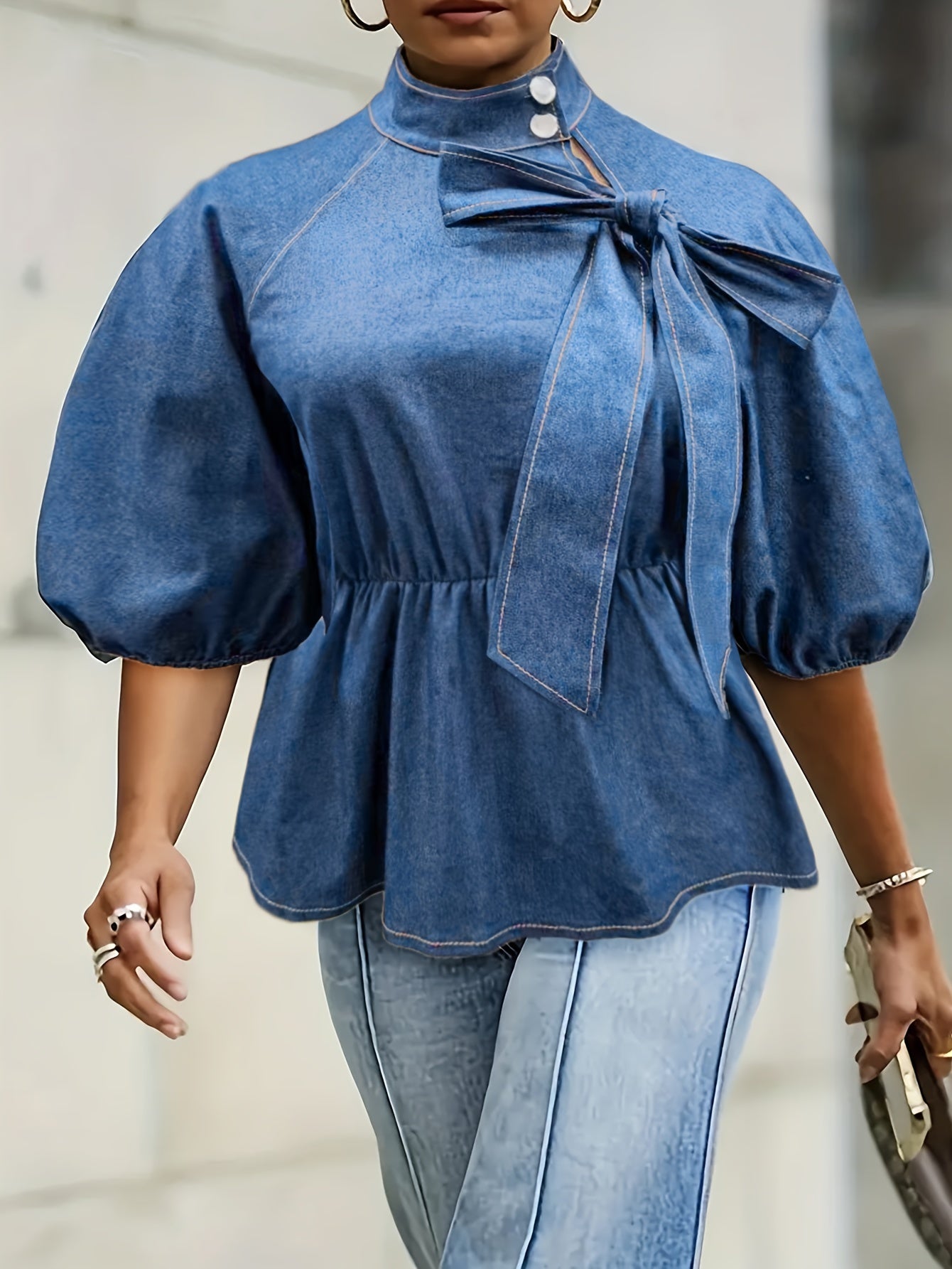 Plus Size Faux Denim Bow Detail Blouse 🌼👚