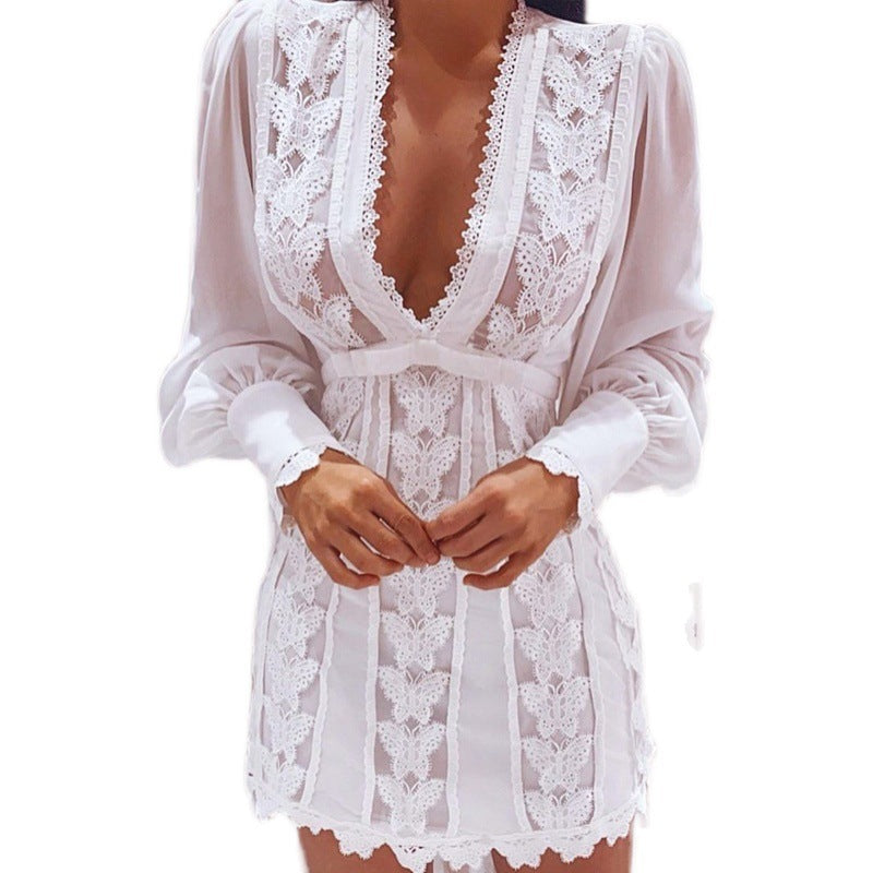 Butterfly Dreams V-Neck Lace Dress: Elegant White Dress with Long Puff Sleeves