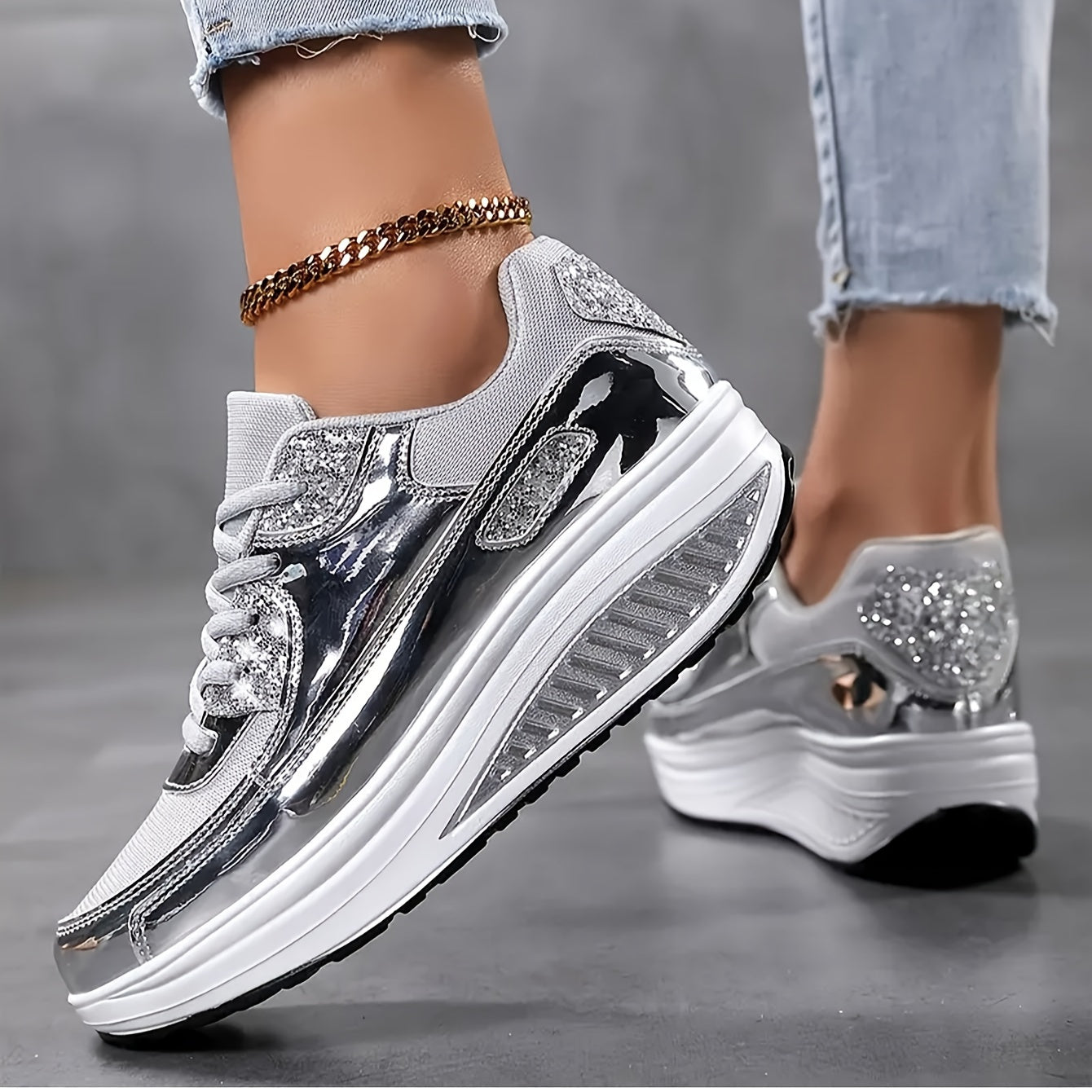 💫 "Glam Walk" Women's Silvery Glitter Platform Sneakers 💫