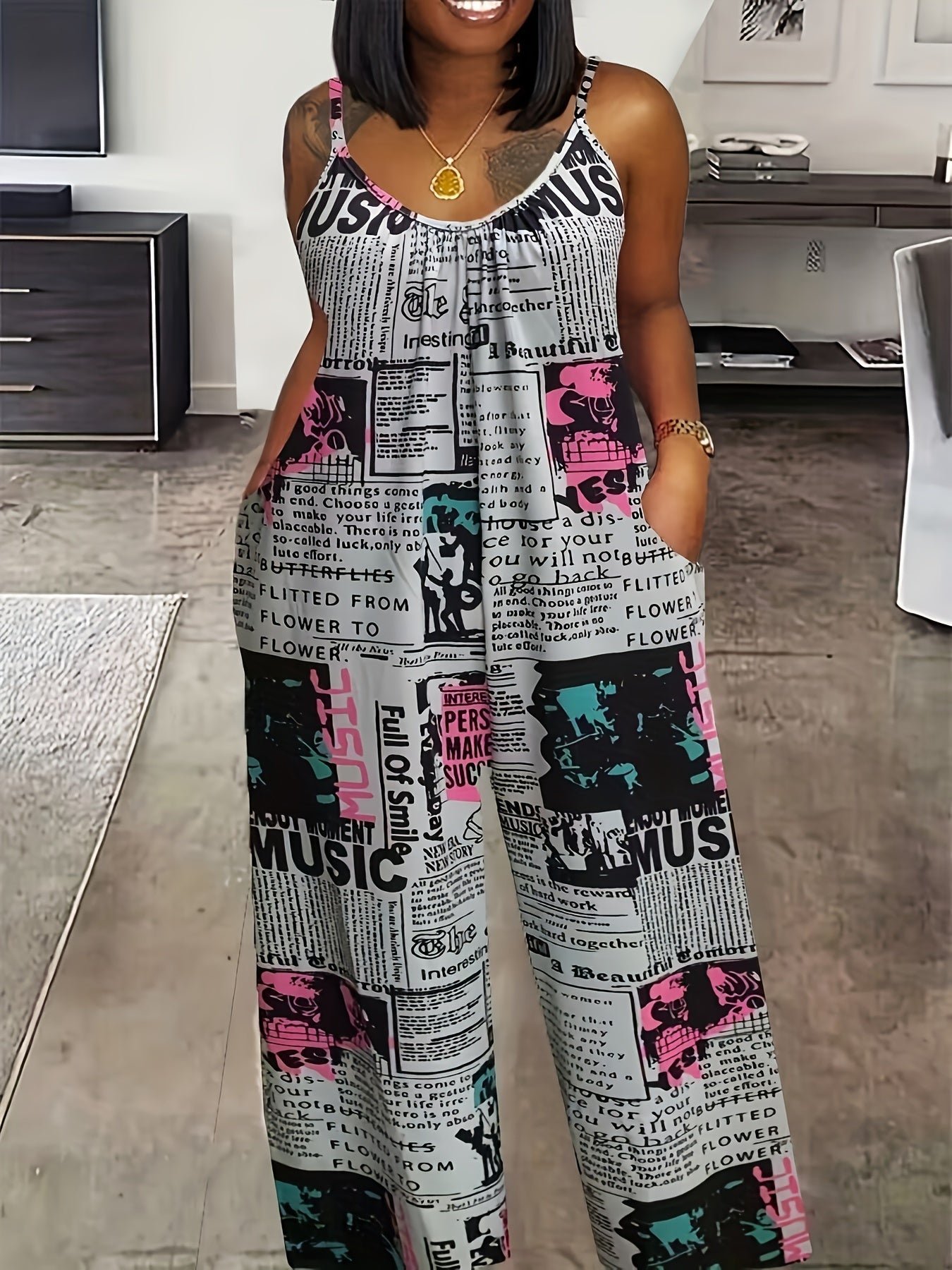 Women's Casual Jumpsuit - Plus Size Pop Art Print Wide Leg Cami Jumpsuit 🎨✨