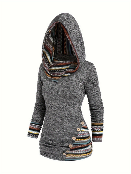 Stripe Splicing Button Décor Hoodie