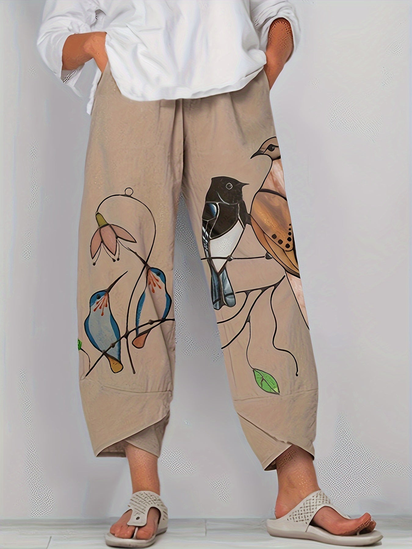 Bird Print Elastic Waist Pants