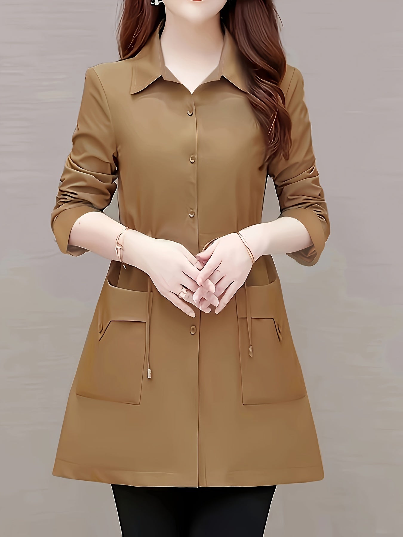 Elegant Solid Button-Front Shirt with Drawstring Tie Waist