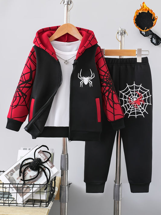 🕷️ 2-Piece Boys' Outfit: Casual Fashion Thickened Fleece with Spider Web Print