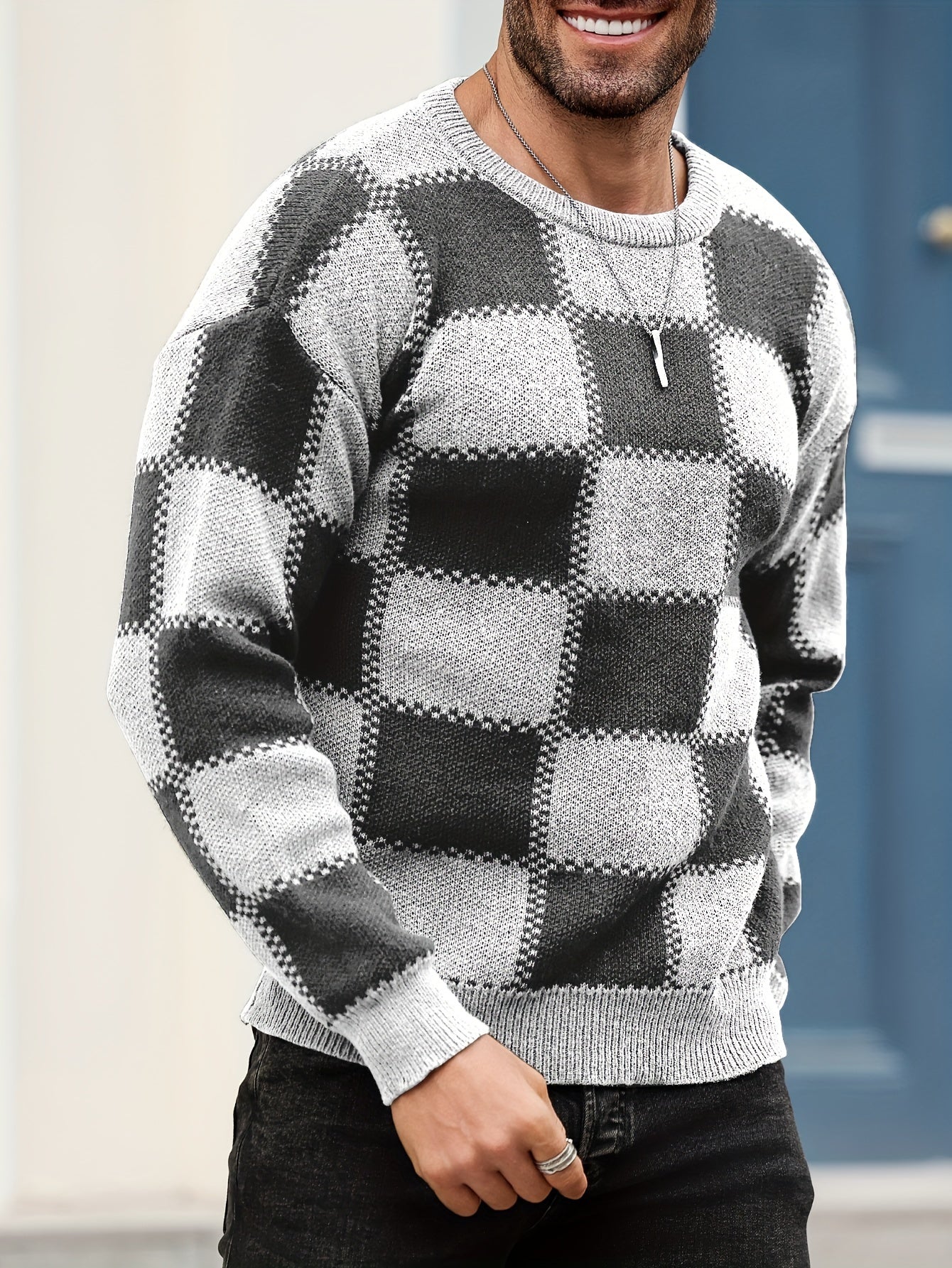 🎉 Men's Color Blocking Textured Checked Print Casual Trendy Sweater 🎉