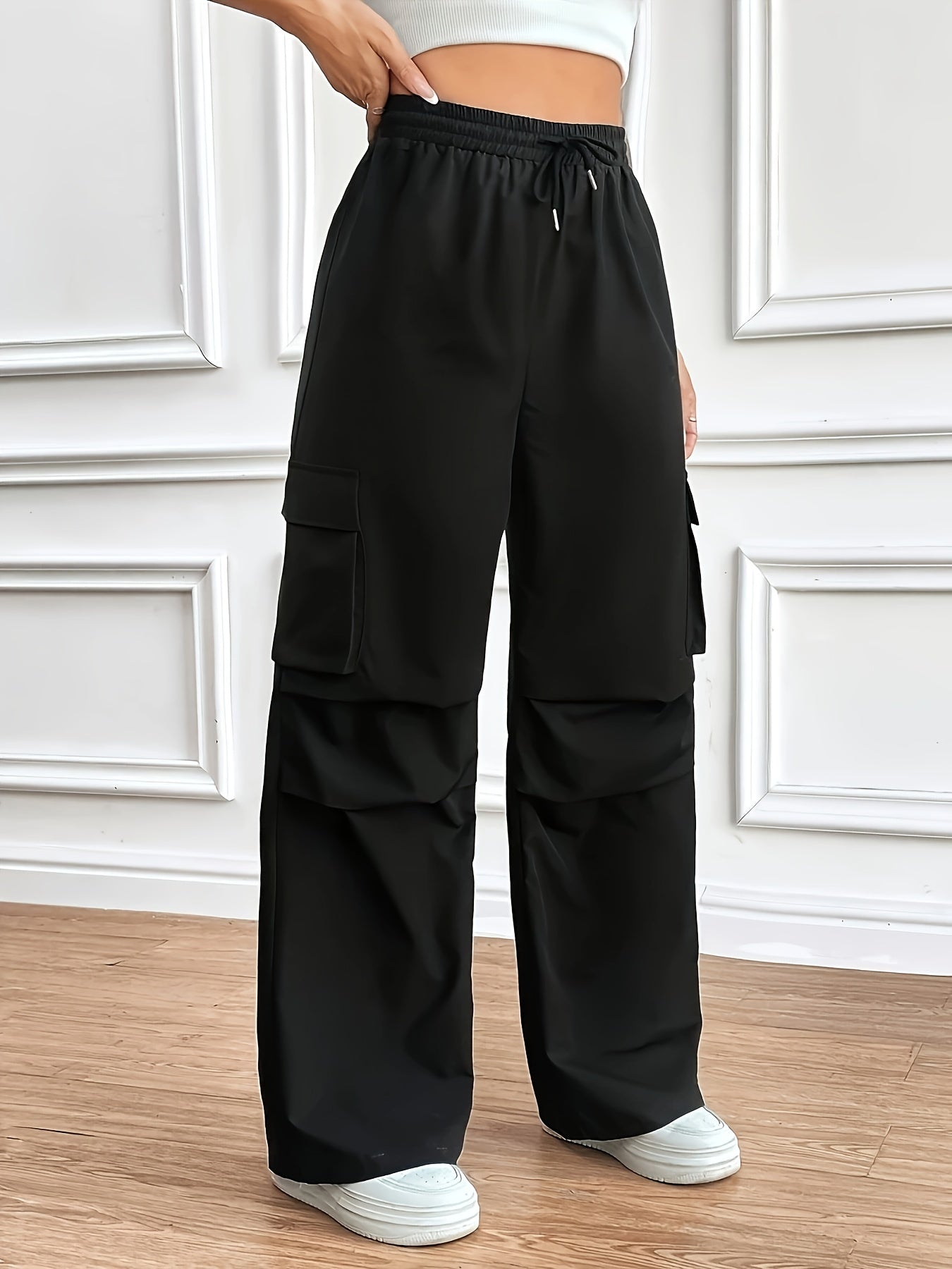 Drawstring Waist Wide Leg Cargo Pants