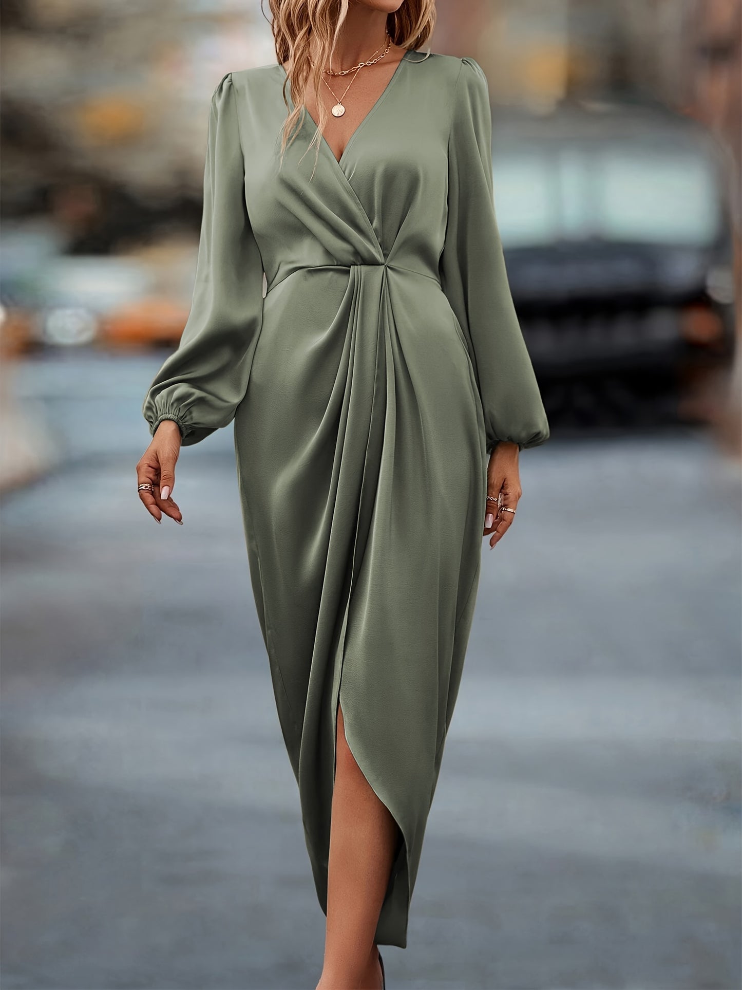 🌸 Ruched Cinched Waist Wrap Surplice Neck Dress 🌸