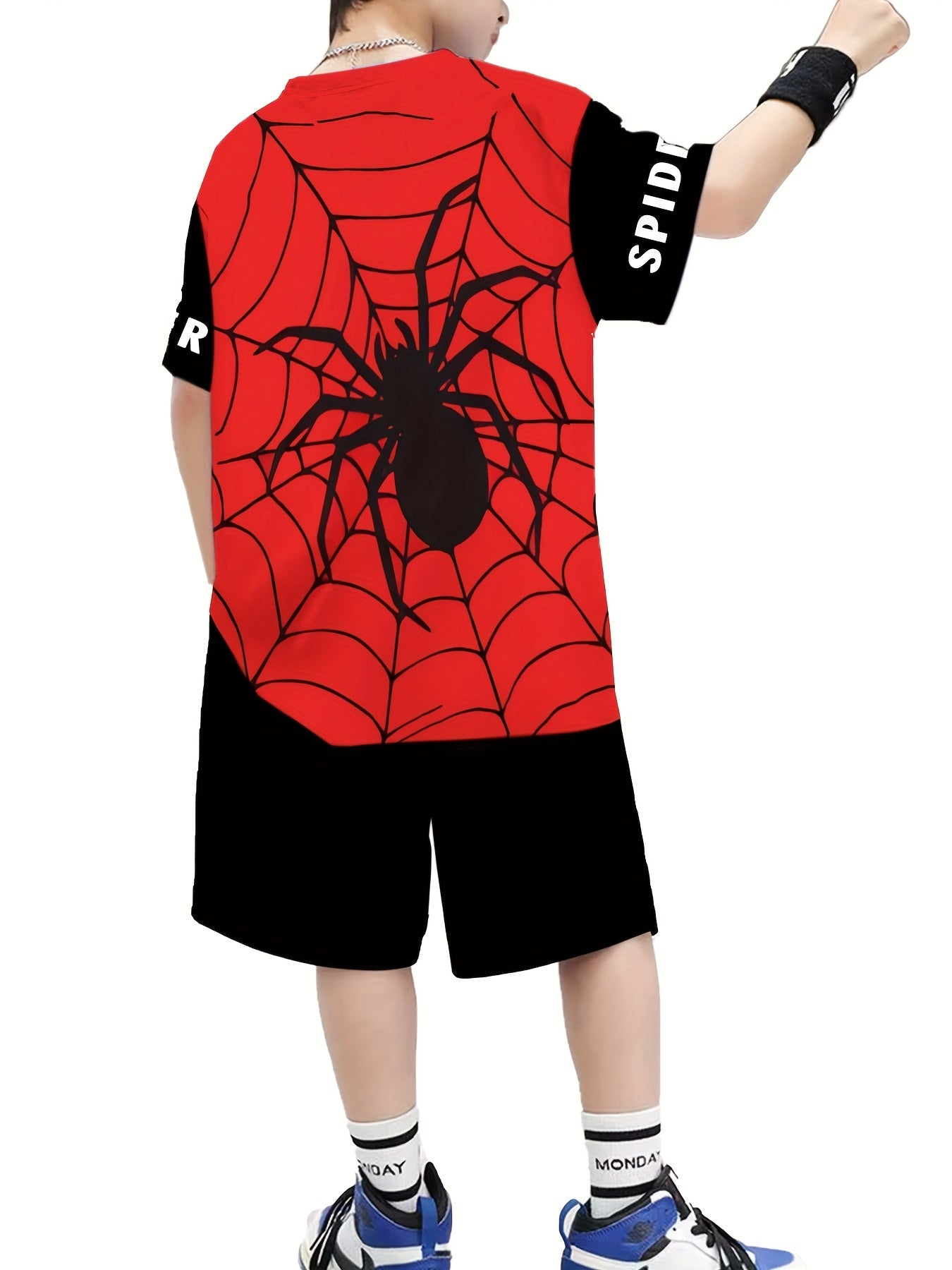 🕷️ Spider & Web Print 2-Piece Street Style Set – Cool Short Sleeve T-Shirt & Shorts for Boys 🌟