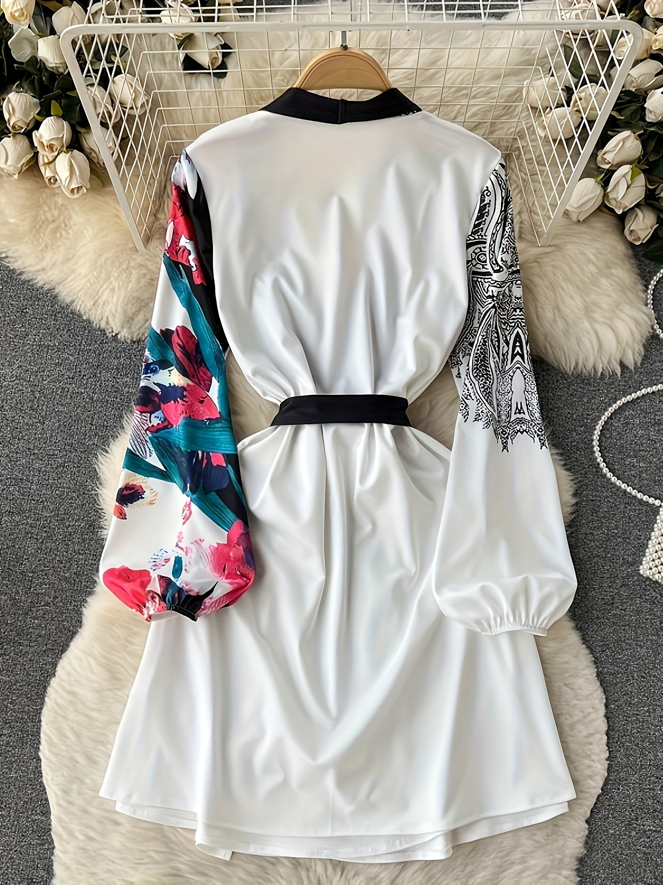 Elegant Color Block Tie-Waist Midi Dress