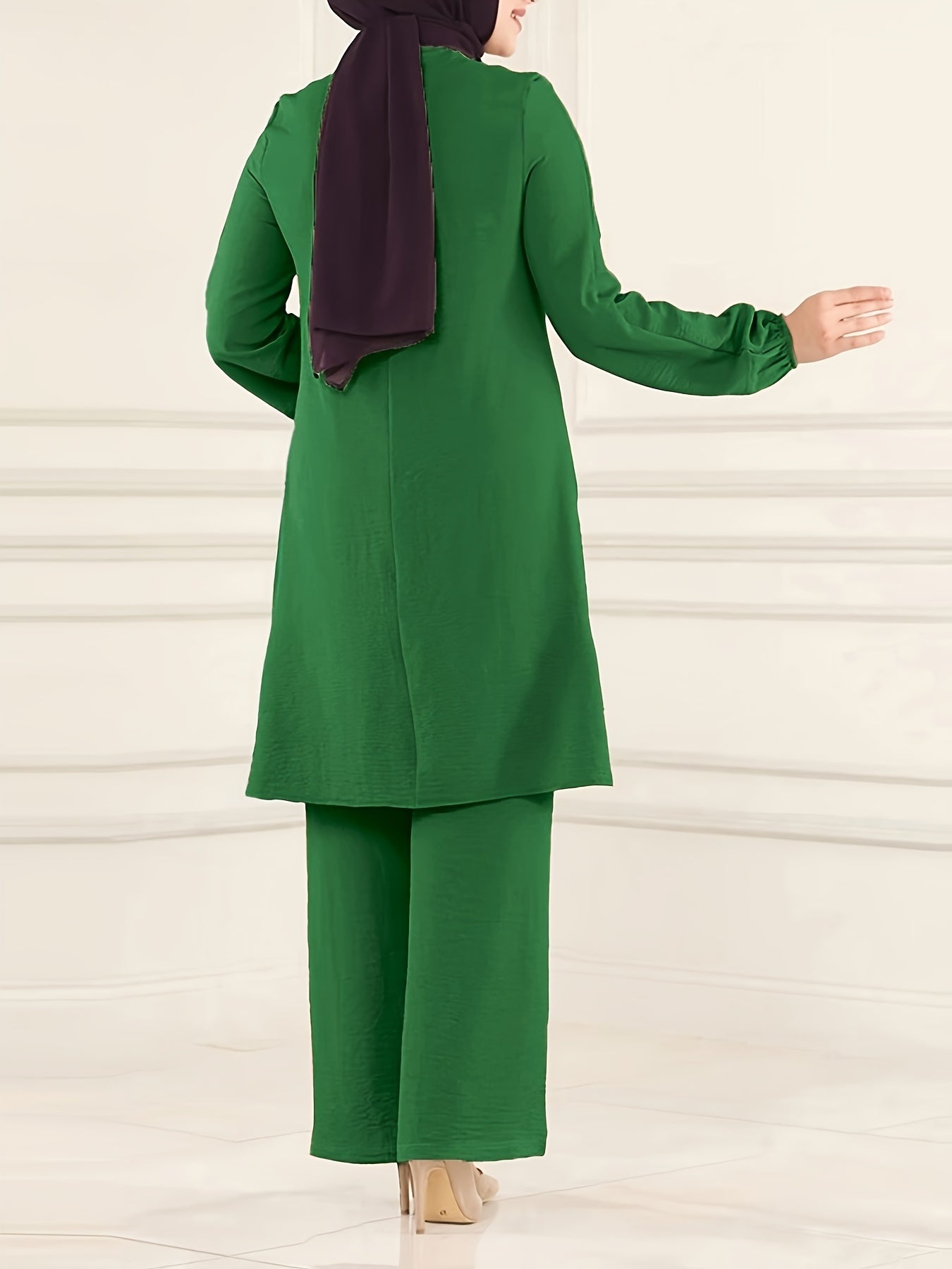 Elegant Solid Muslim Two-Piece Set - Long Sleeve Crew Neck Top & Straight Leg Pants