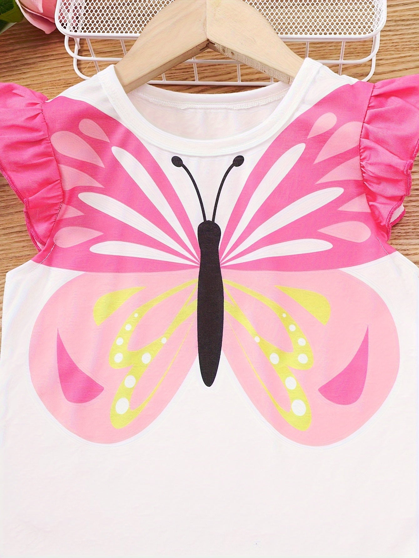 🦋 Butterfly Pattern 2-Piece Girls' Ruffle Tee & Straight Pants Set – Cute Spring/Summer Outfit 🌸