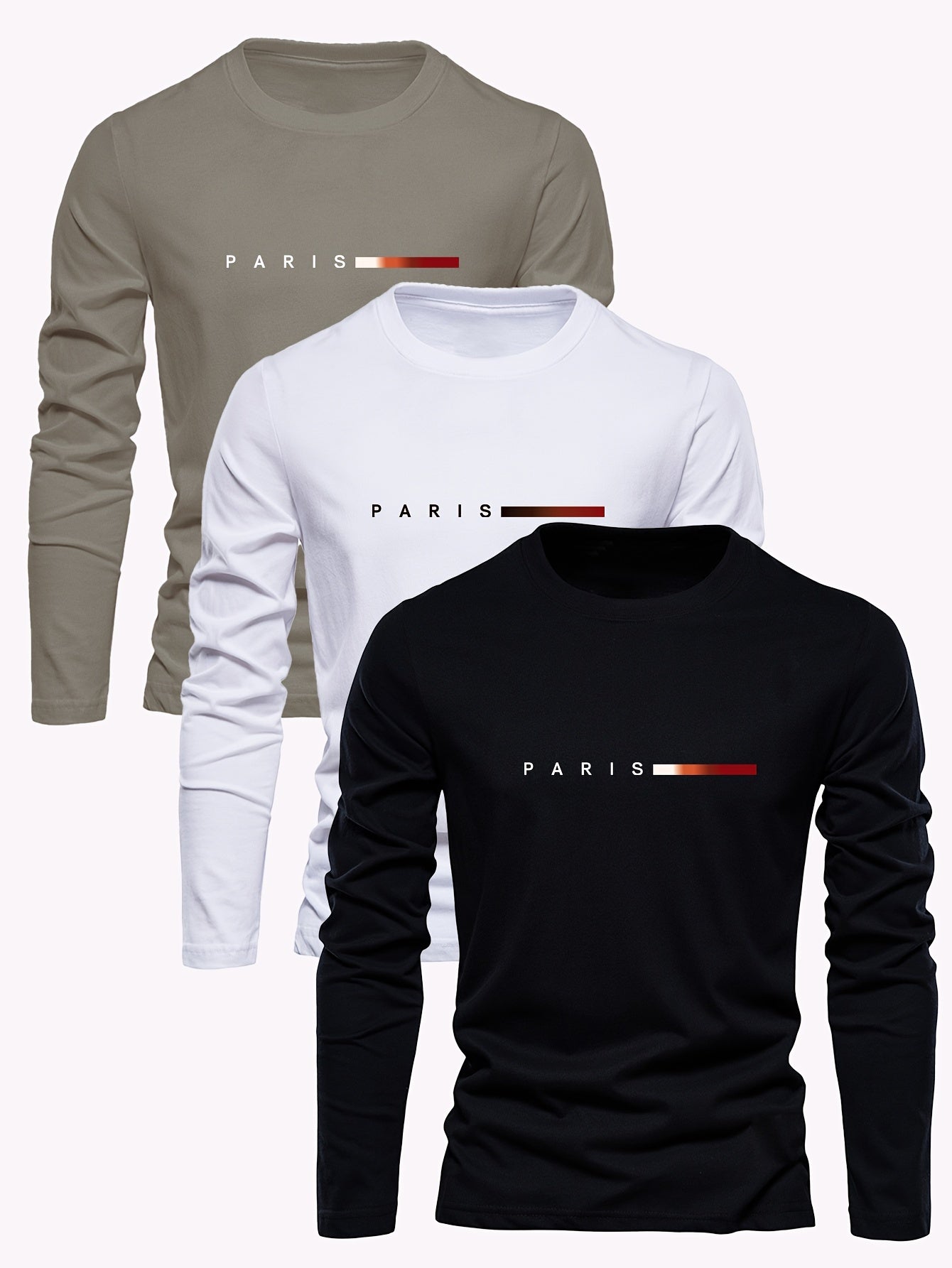 🇫🇷 Men's 3-Pack Long Sleeve T-Shirts with Paris Applique