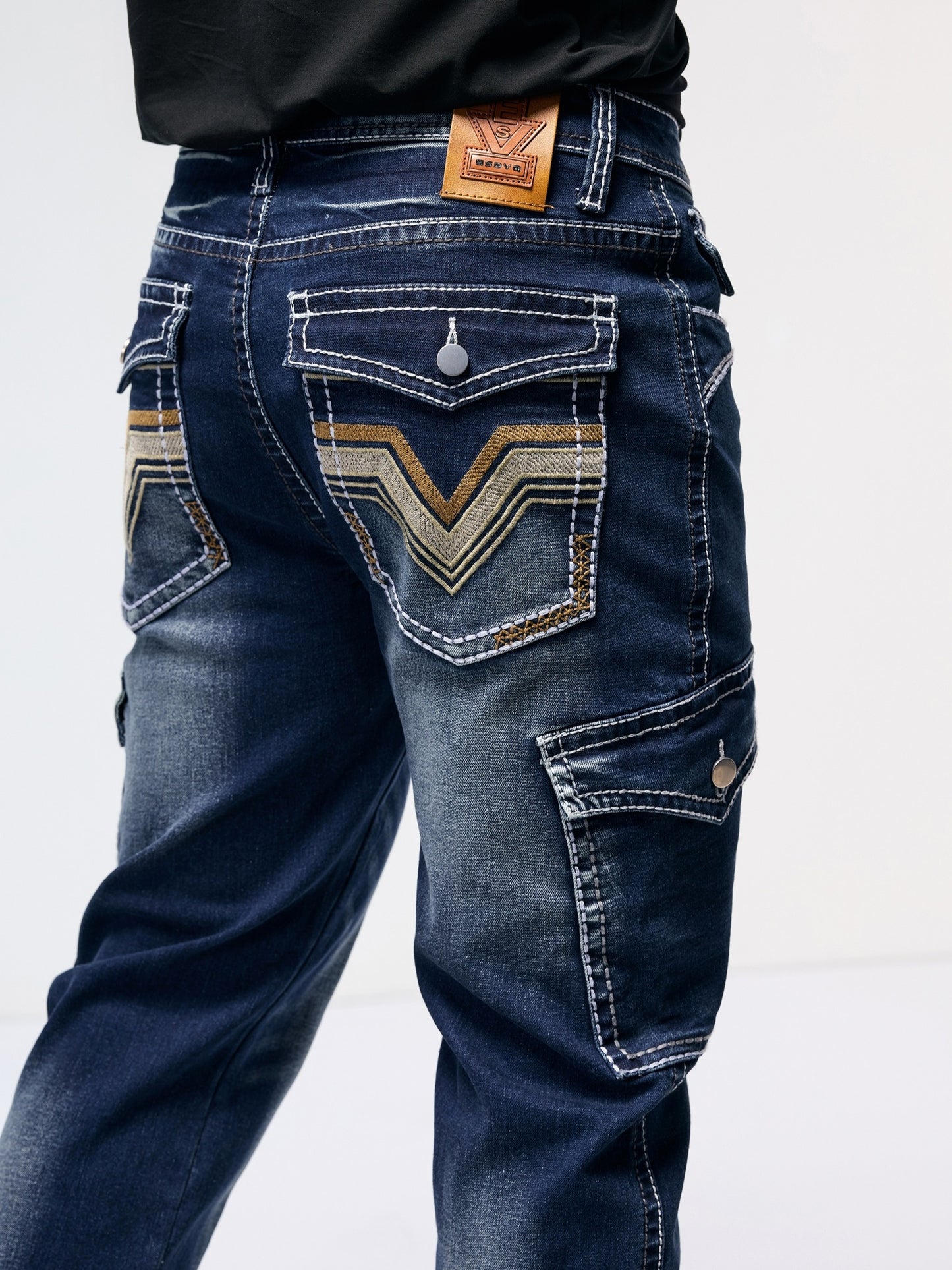 👖 ESDVQ Men's Vintage-Inspired Embroidered Stretch Jeans - Cotton Blend Comfort 🌿