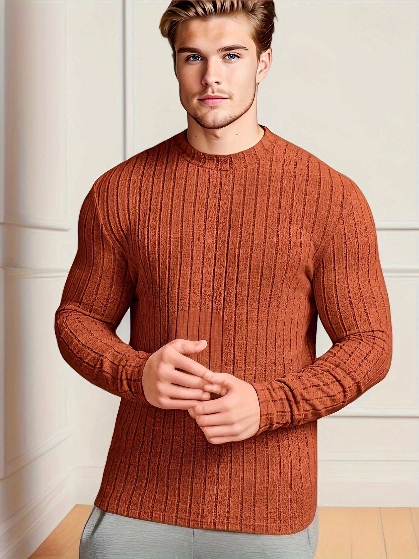 👕 Men's Solid Ribbed Crew Neck Long Sleeve Active T-Shirt 🌿