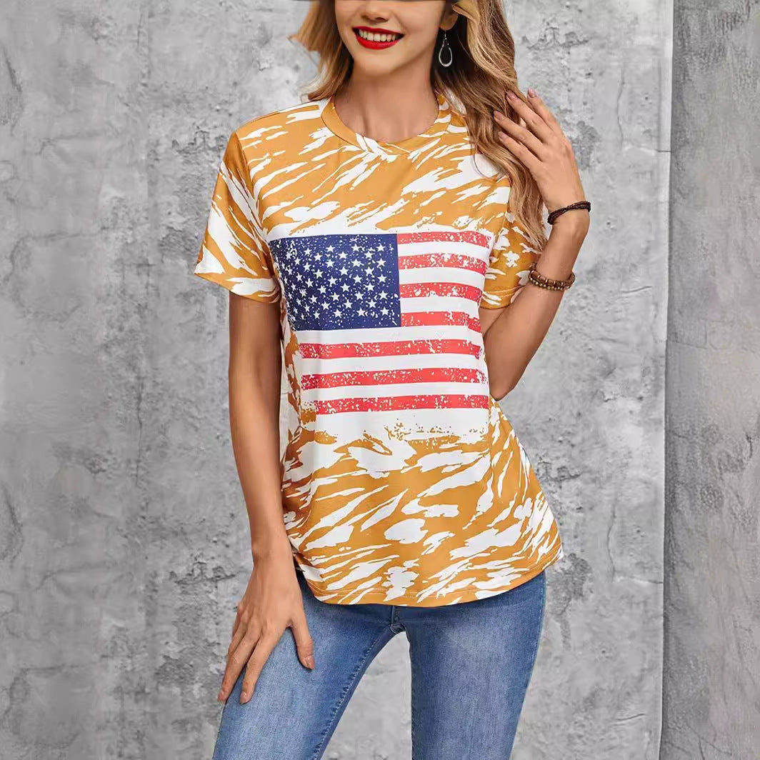 Flag Print T-shirt Crew Neck Casual