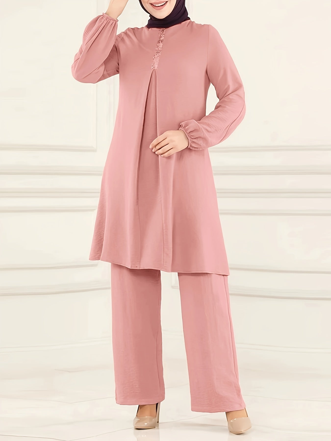 Elegant Solid Muslim Two-Piece Set - Long Sleeve Crew Neck Top & Straight Leg Pants