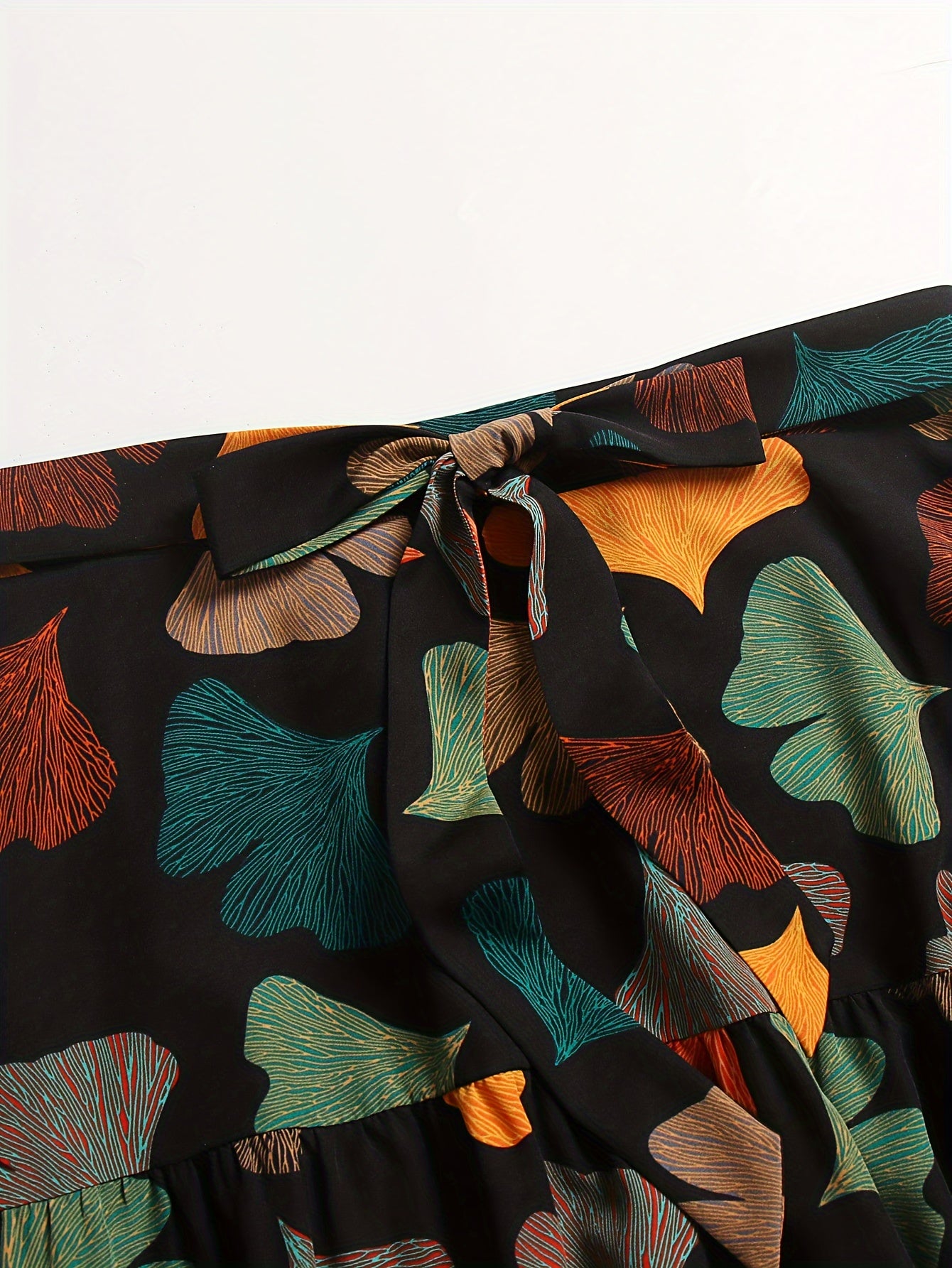 Leaf Print Tie-Waist A-Line Skirt