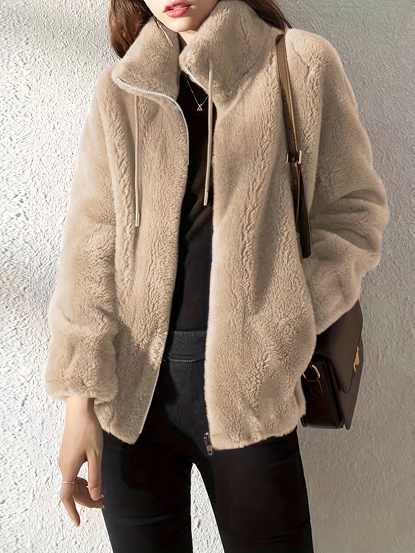 🧸 Drawstring Teddy Coat – Casual Zip-Up Long Sleeve Warm Outerwear for Women 🧸