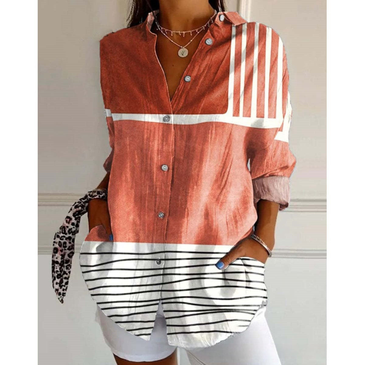 3D Color Matching Printing Pattern Autumn Leisure Loose Shirt Button Top