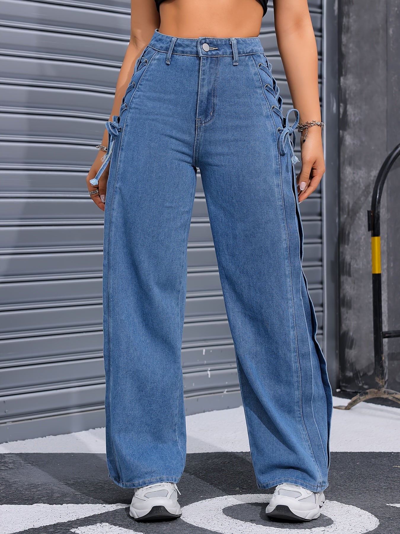 👖 Chic Lace-Up Side Wide Leg Denim Pants