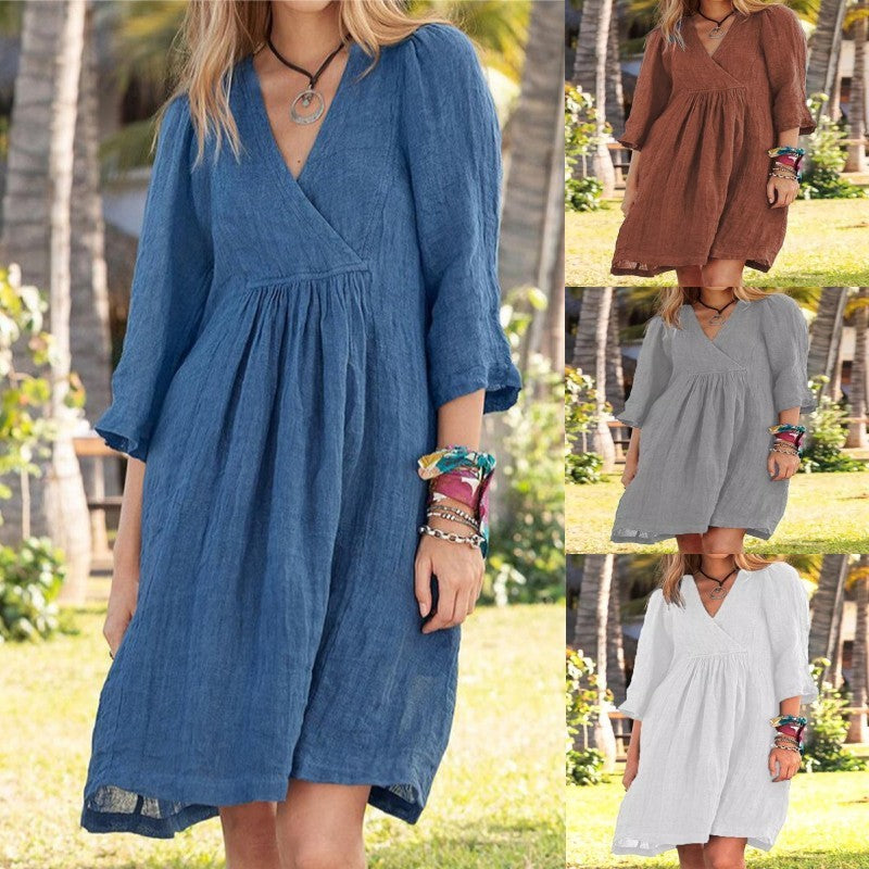 European And American Cotton And Linen Style Solid Color Three-quarter Length Sleeve V-neck Medium Dress