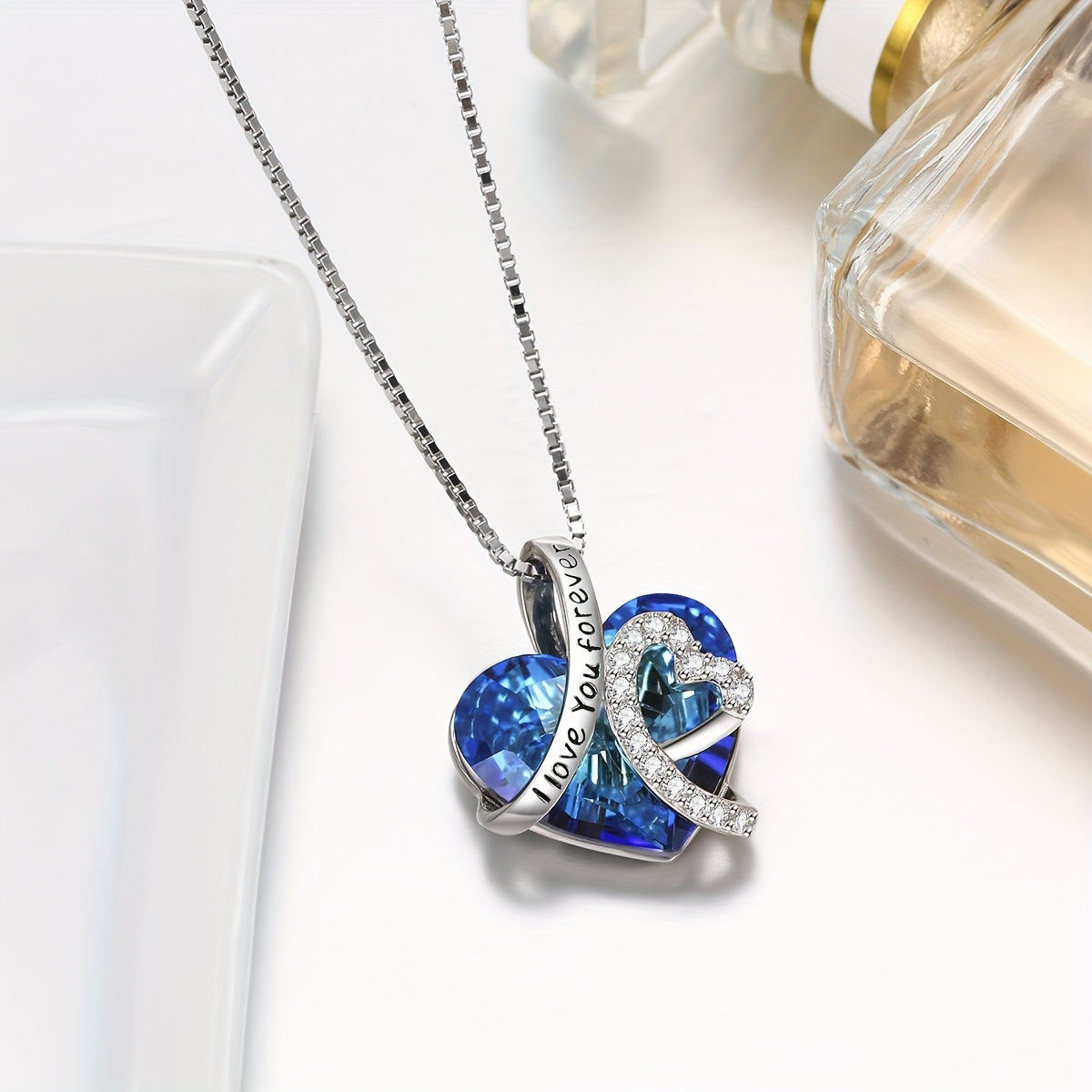 💖 "I Love You Forever" Heart-Shaped Pendant Necklace – 925 Sterling Silver & Blue Crystal ✨