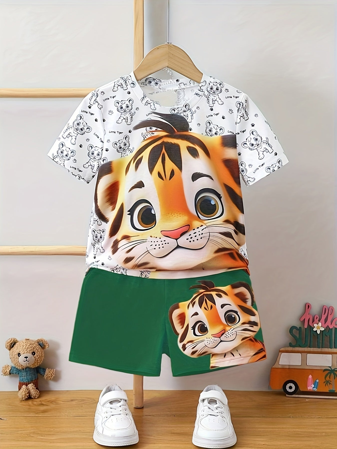 🐯 2-Piece Boys' Tiger Print Casual Outfit Set – Comfy Short Sleeve Tee & Shorts 🌟