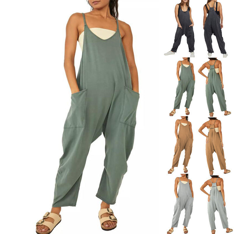 Breezy Chic Sleeveless Jumpsuit: Spaghetti Strap Romper with Pockets