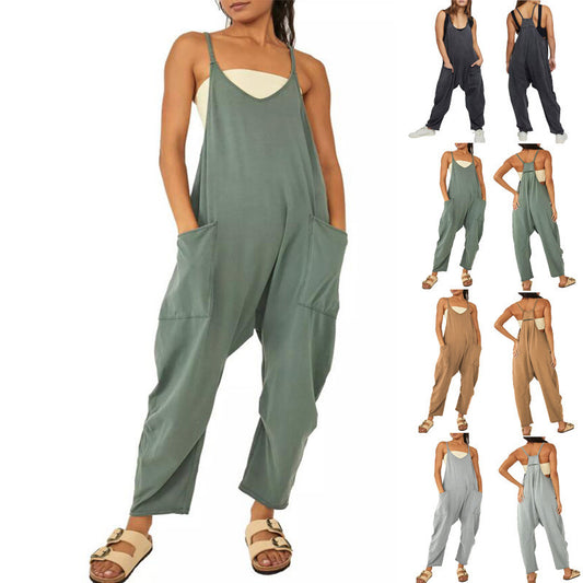 Breezy Chic Sleeveless Jumpsuit: Spaghetti Strap Romper with Pockets