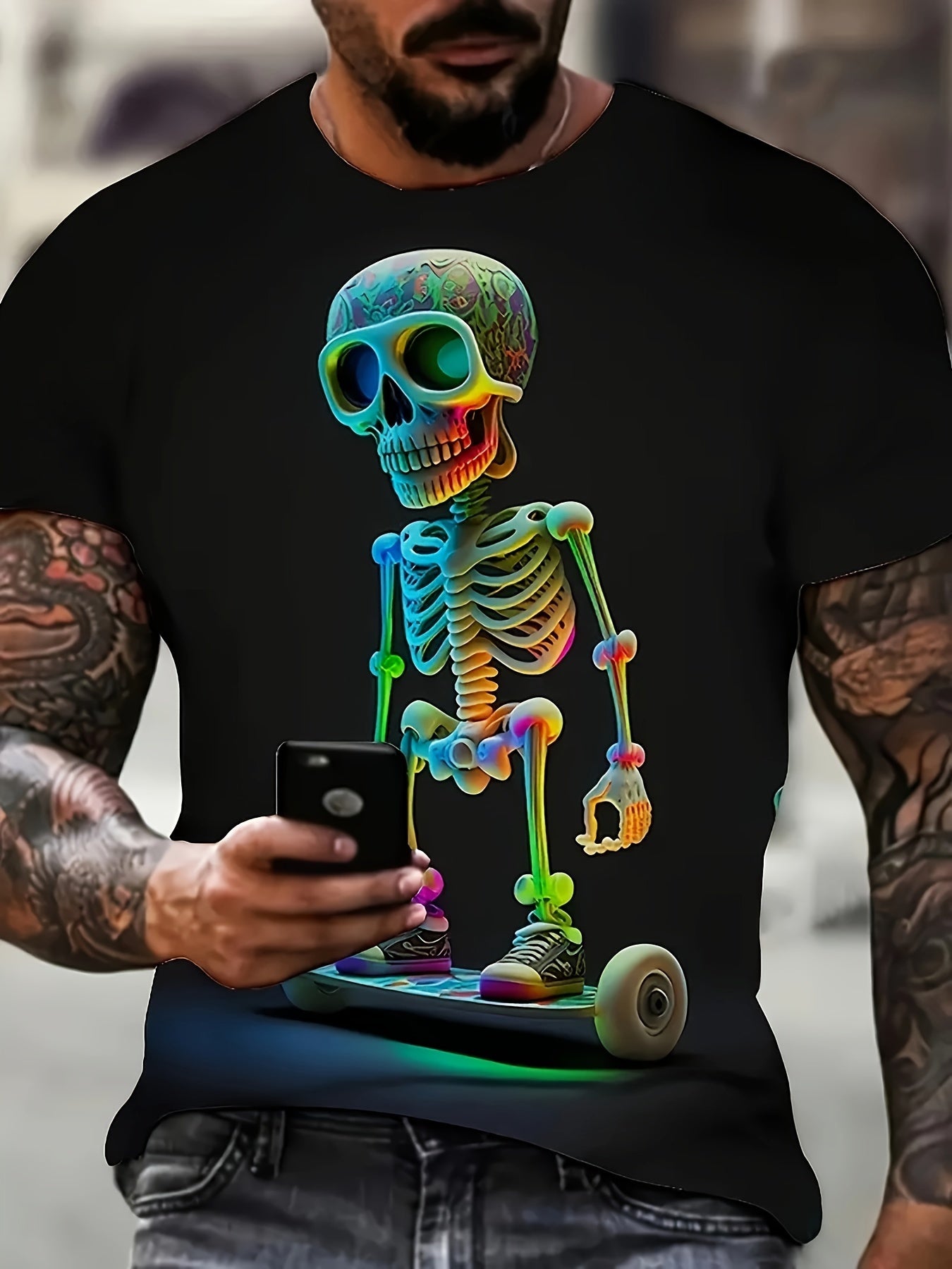 💀 Men's Skeleton Print T-Shirt - Casual Short Sleeve Crew Neck Tee 🌟