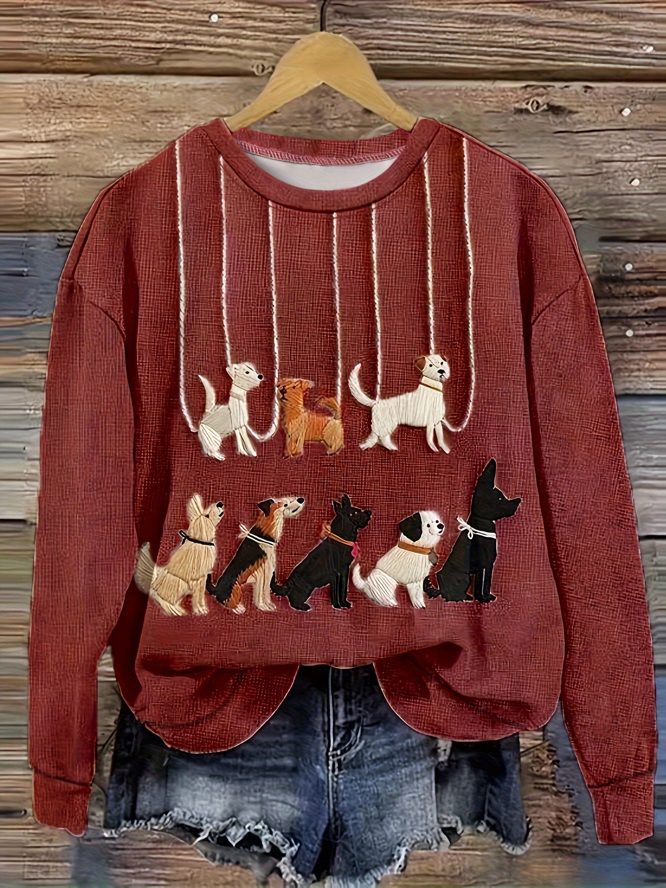 Plus Size Casual Crew Neck Sweatshirt with Cute Dog Print 🐾