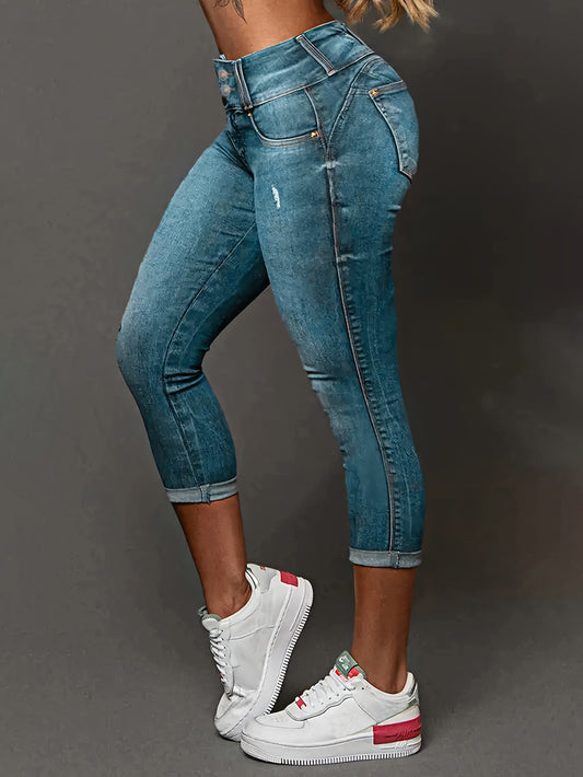 👖 Ripped Roll Up Hem Skinny Fit Washed Blue Capri Jeans