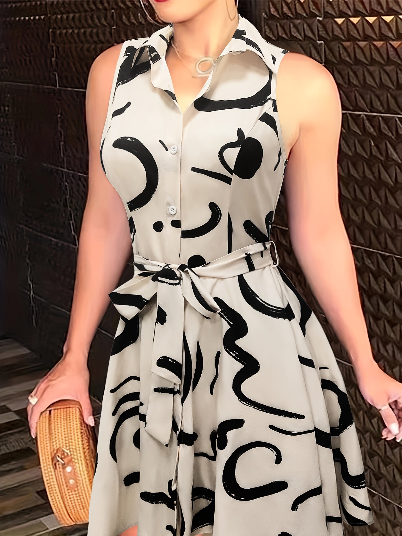 Abstract Print Tie-Waist Sleeveless Dress