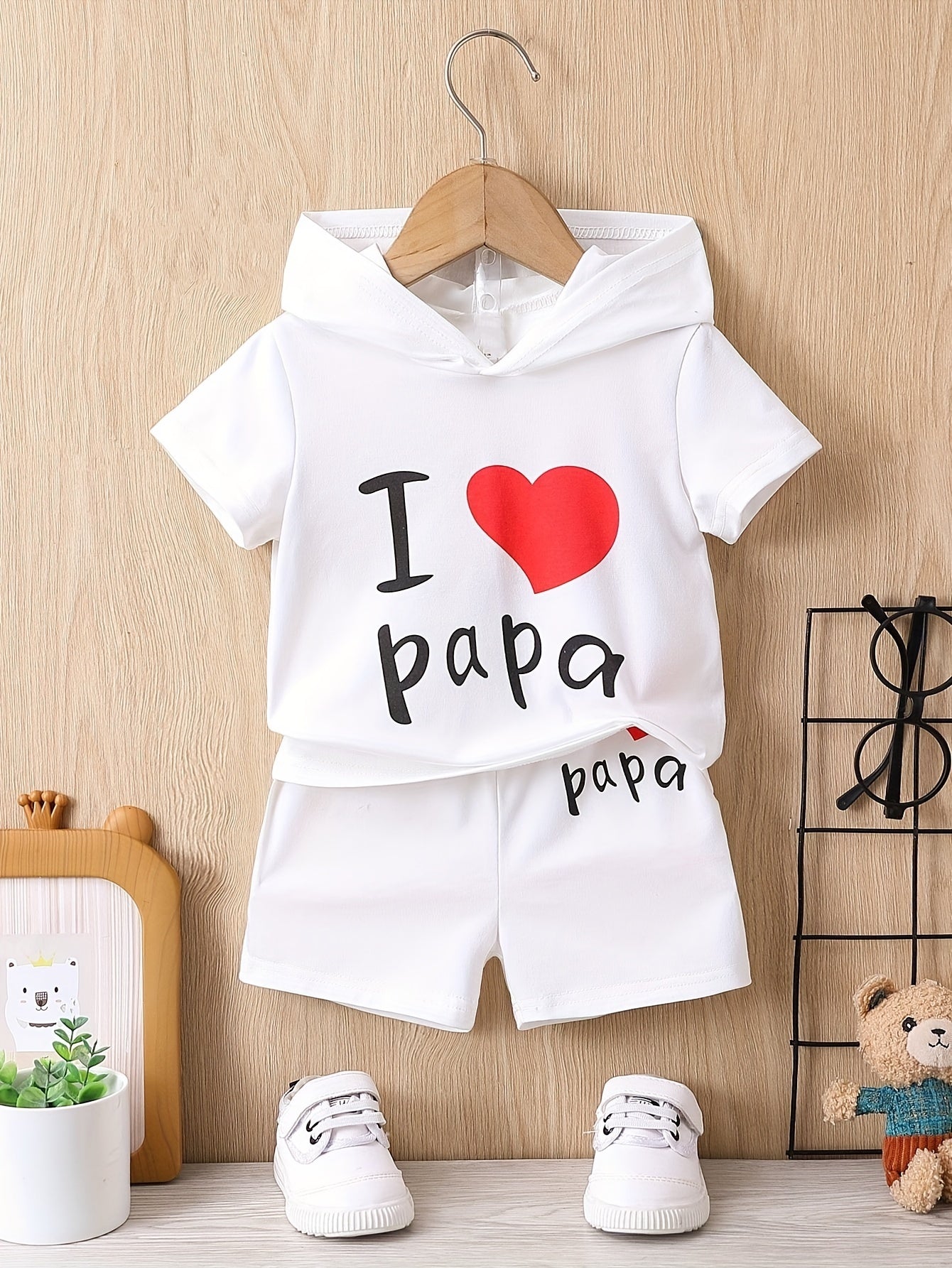 👶 “I Love Papa” 2-Piece Summer Set for Baby Boys – Hooded T-Shirt & Shorts Combo 🌞