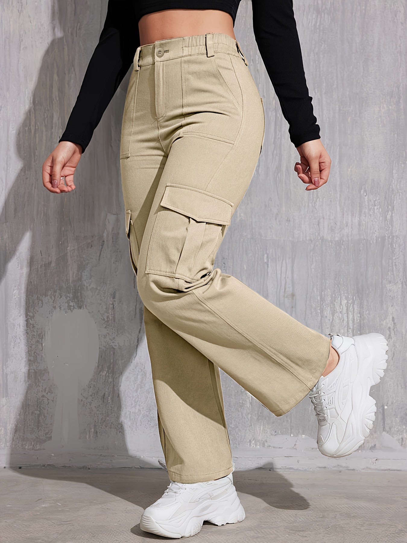 Solid Straight Leg Cargo Pants