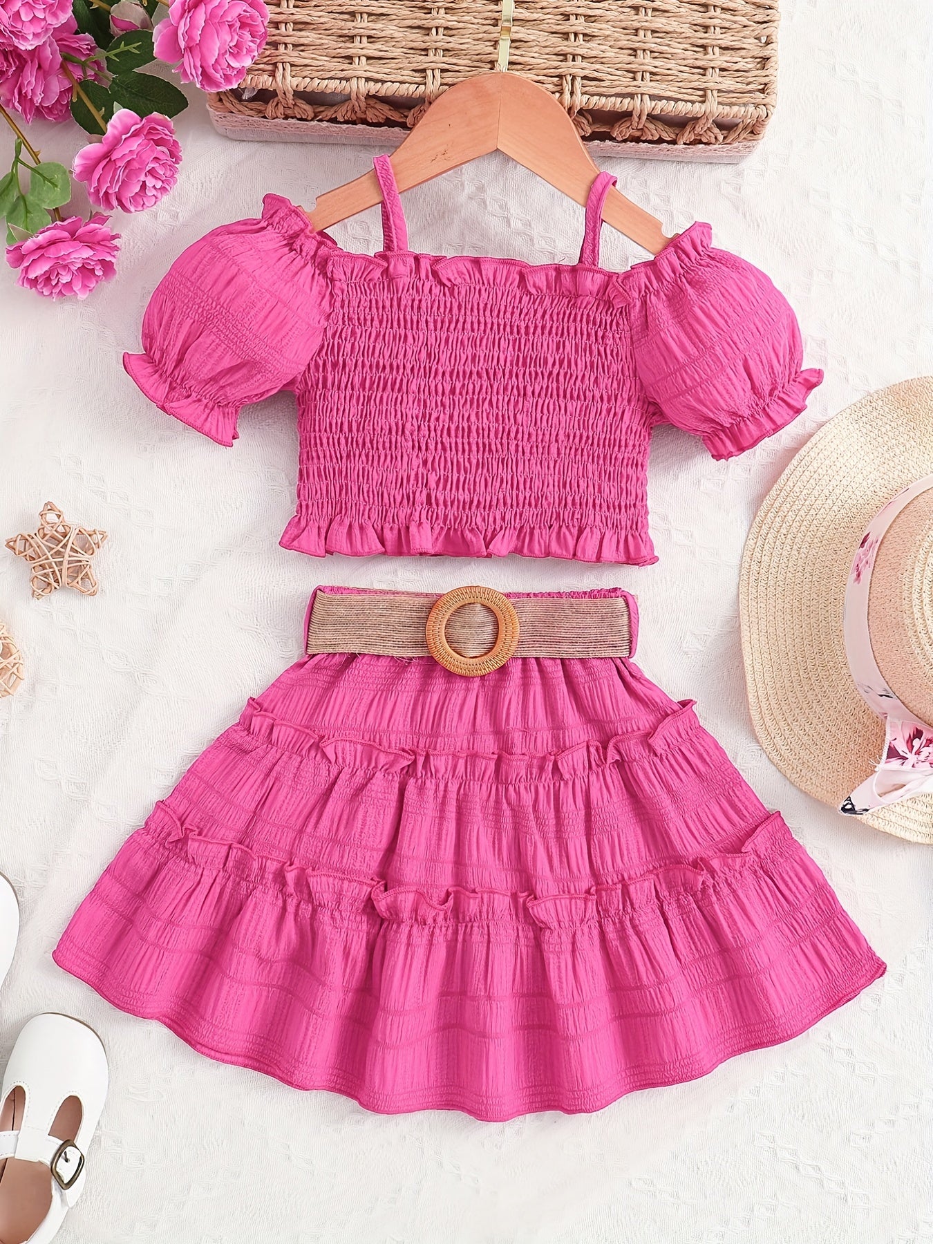 🌞 Girls' Elegant Cute Cami Off-Shoulder Ruffled Top & Skirt Set 👗